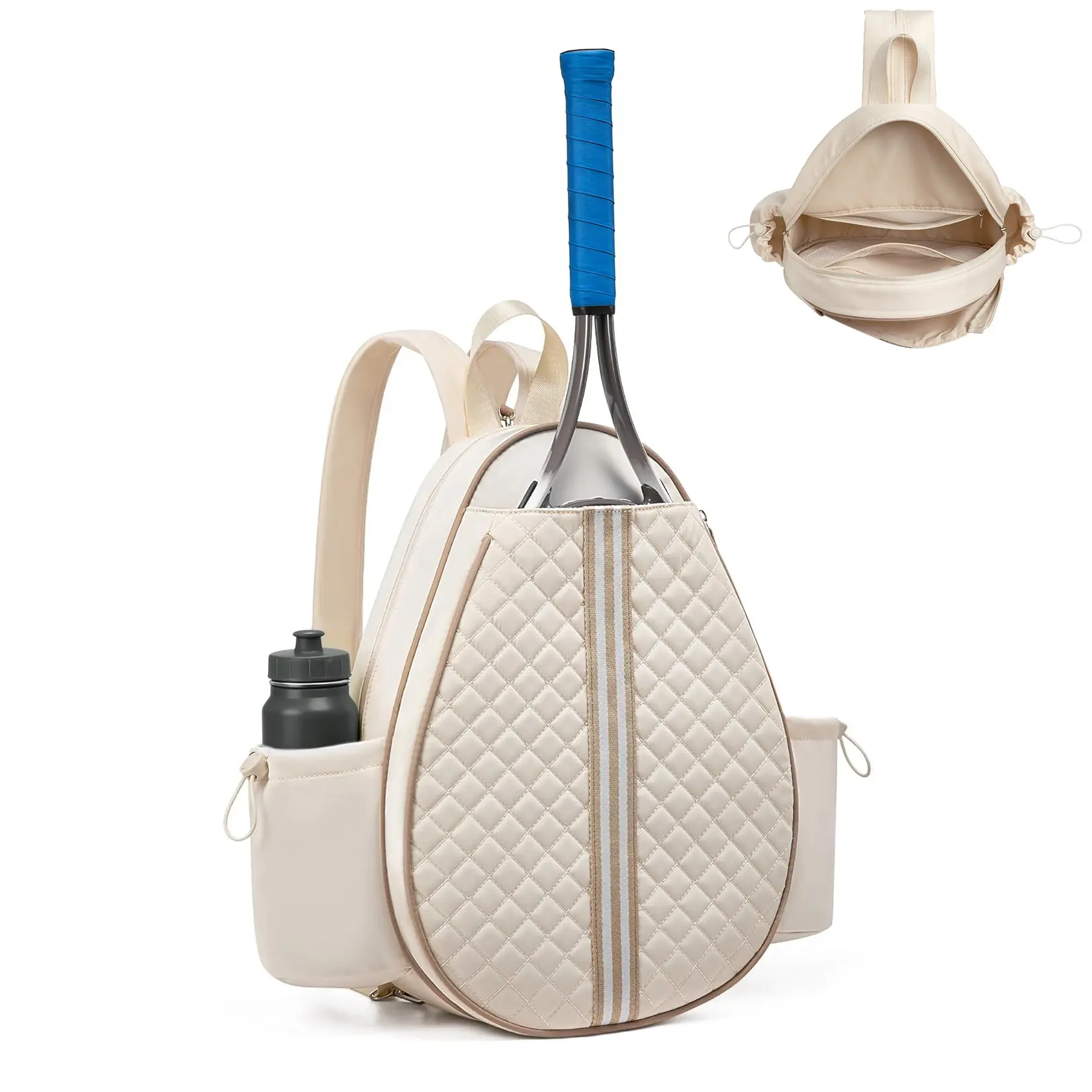 Quilted Water-Resistant Tennis Sling Backpack – Lightweight Crossbody Racket Bag Fits 2 Tennis, Pickleball, or Badminton Racquets – Stylish Polyester Tote with Water Bottle Holders for Women & Men – Black or Beige