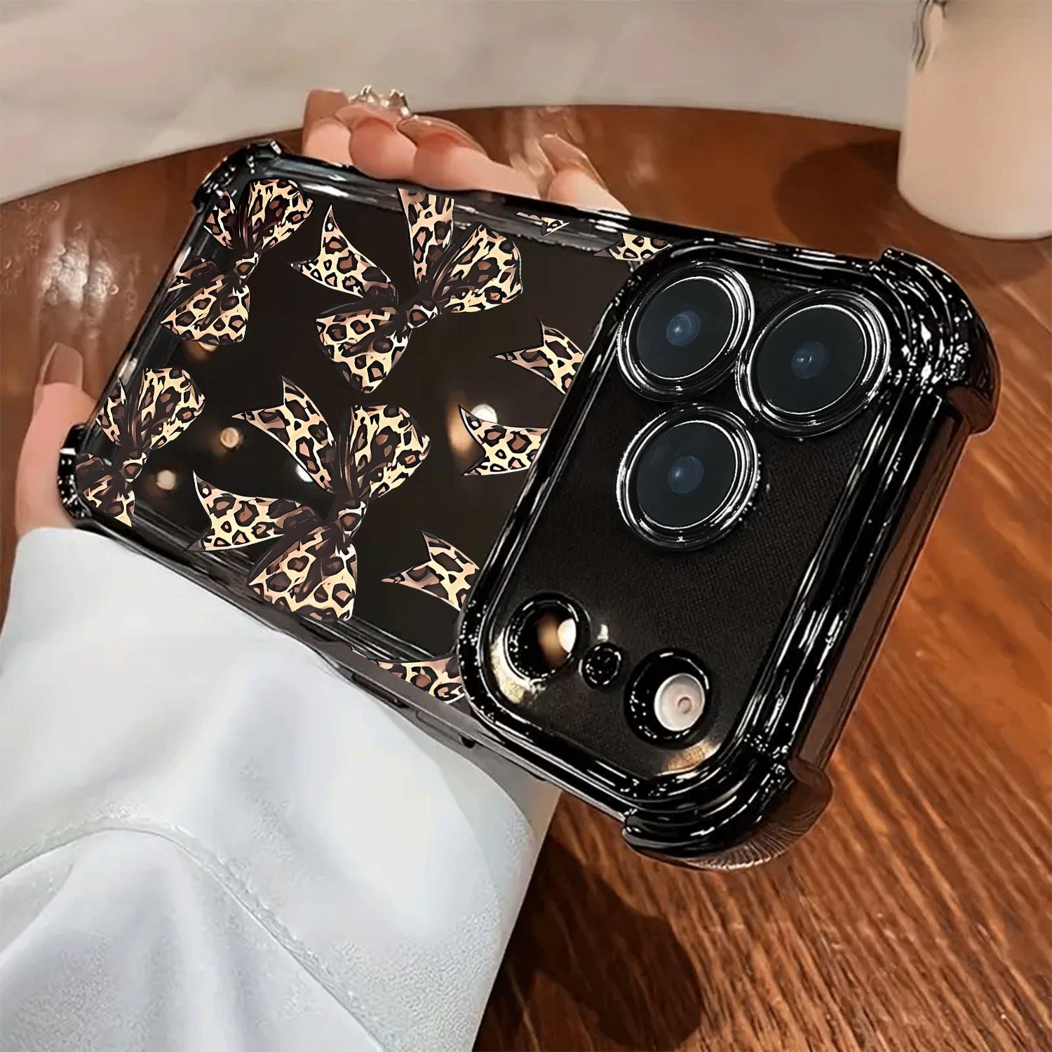 Creative Leopard Print Bow Pattern Four-corner Thickened Mobile Phone Case for iPhone 17 Air 16 15 14 13 12 11 Pro Max Plus border Electroplating with counter-fall Safety Cushion 2D printing Cellphone Smartphone