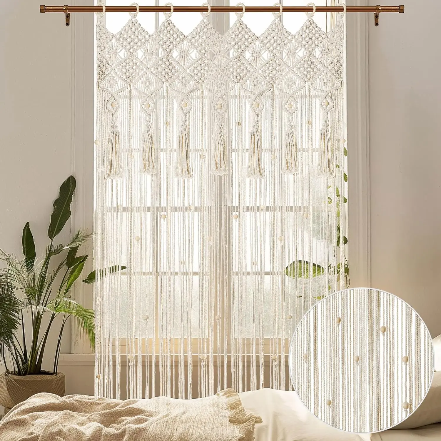 Boho Macrame Beaded Curtain with Tassels, White 1 Panel 35" x 79" |   Door Beads String Curtain for Doorway Window,  Room Divider Hallway Closet Bedroom Living Room Decor