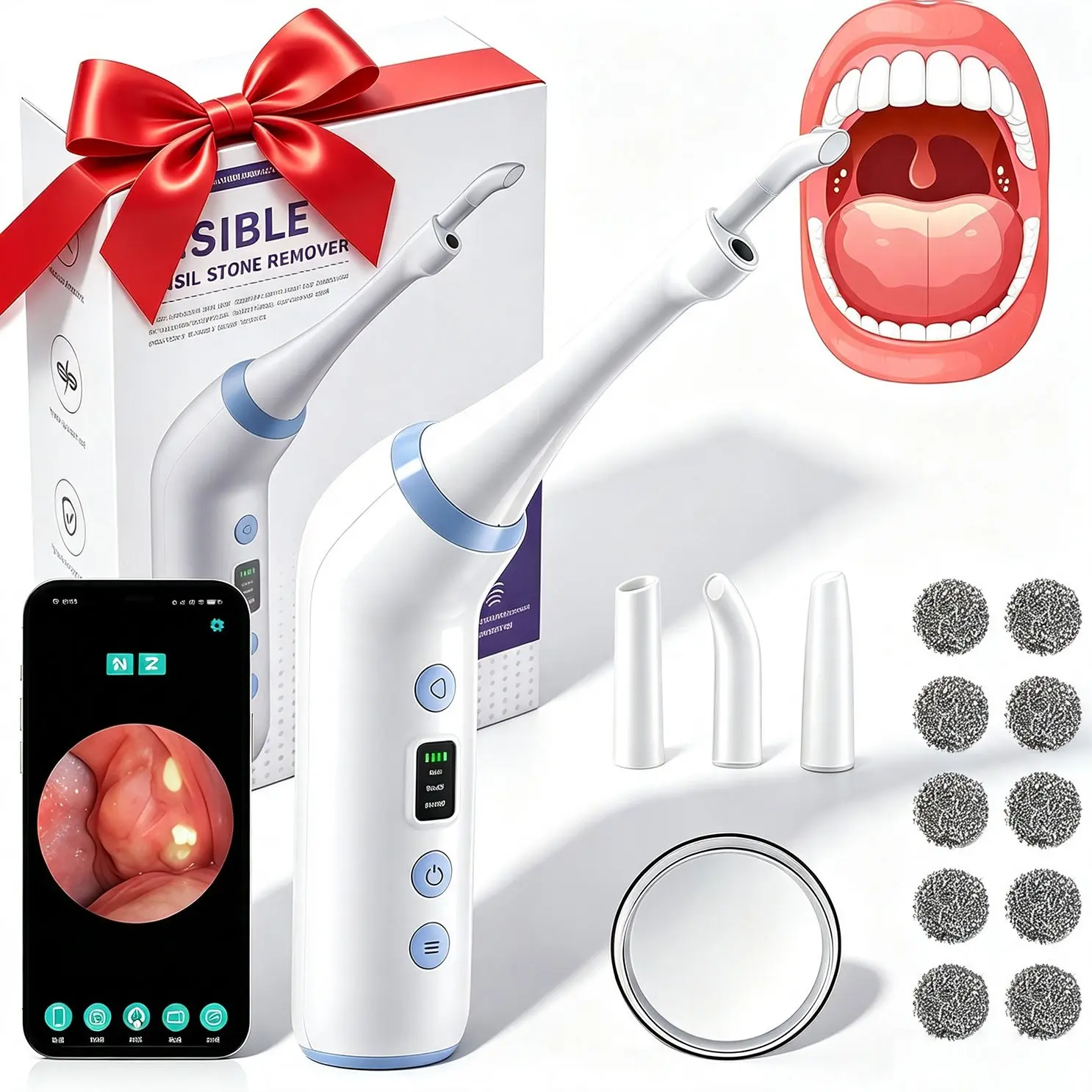 Electric Visible Tonsil Stone Remover Kit 300K HD Camera Built‑in LED Light 3 Suction Modes with 3 Replaceable Suction Tips Type‑C Rechargeable Home Oral Hygiene Cleaning Tool Set