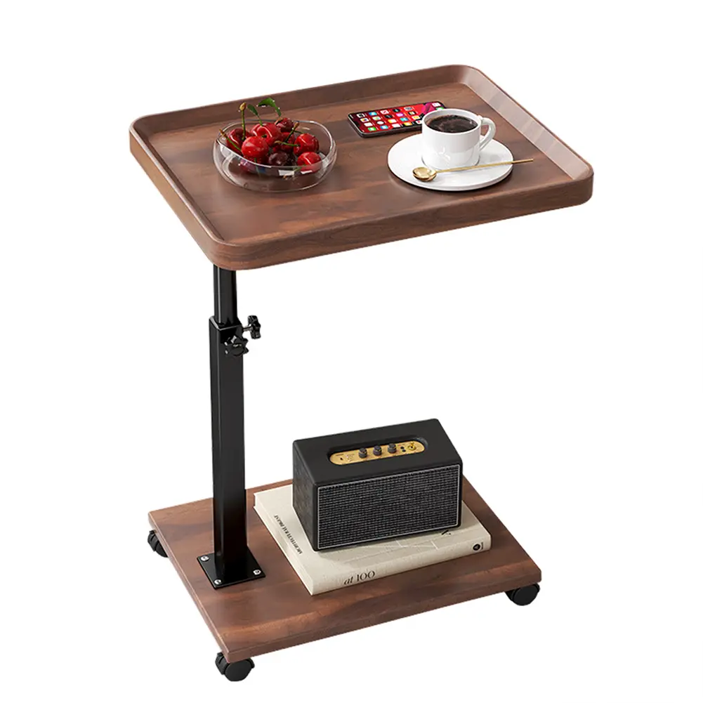 C-Shaped Adjustable Height Side Table with Wooden Top, 360°Swivel Dual-Level TV Tray with Wheels, Slide-Under Bedside Table for Couch Eating, Laptop Use in Living Room/Bedroom