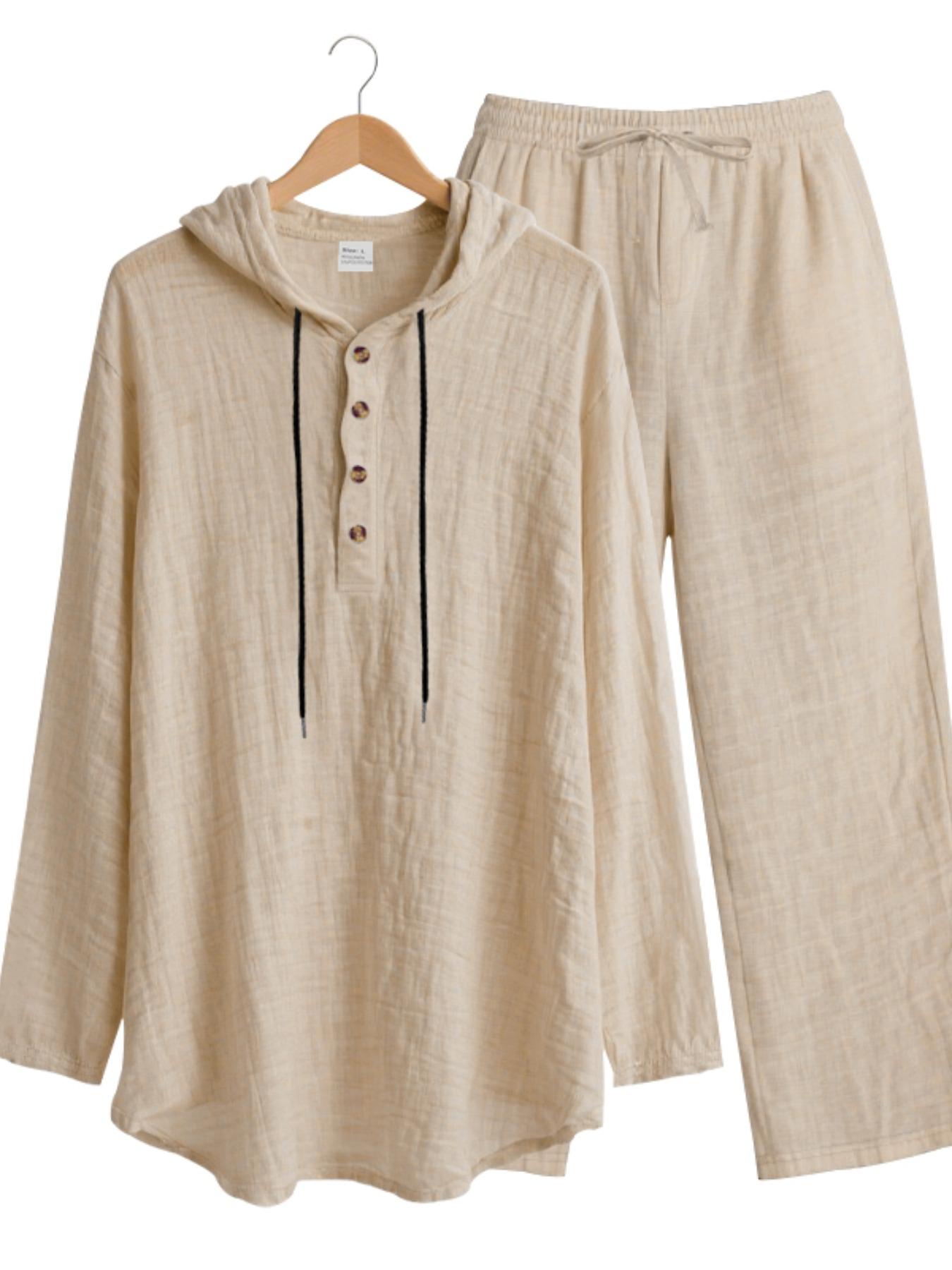 Men's High-Quality Linen Hooded Two-Piece Set, Casual Loose Fit Breathable Fabric Long-Sleeve Blouse & Wide Leg Pants for Beach Vacation