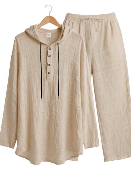 Men's Trendy Linen Hooded Two-Piece Set, Casual Vacation Style, Loose Fit Breathable Fabric, Hoodie & Wide-Leg Pants, Spring & Fall Wear Men's Trendy Linen Hooded Two-Piece Set, Casual Vacation Style, Loose Fit Breathable Fabric, Hoodie & Wide-Leg Pants, Spring & Fall Wear