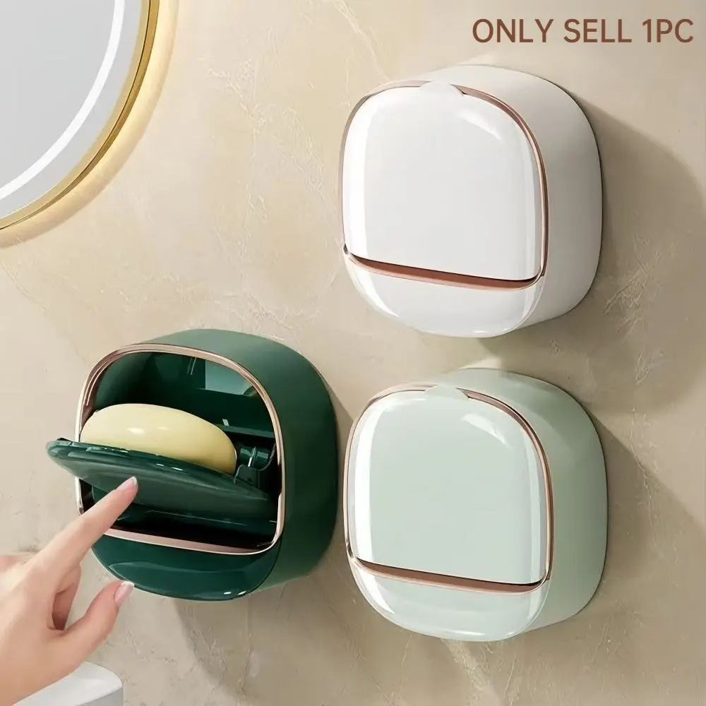 1pc Bathroom Soap Dish with Drainage Box, Wall Mounted Soap Holder for Shower, Keep Soap Bars Dry, Waterproof Soap Box with Flip Lid for Shower, Punch Free Soap Bar Holder