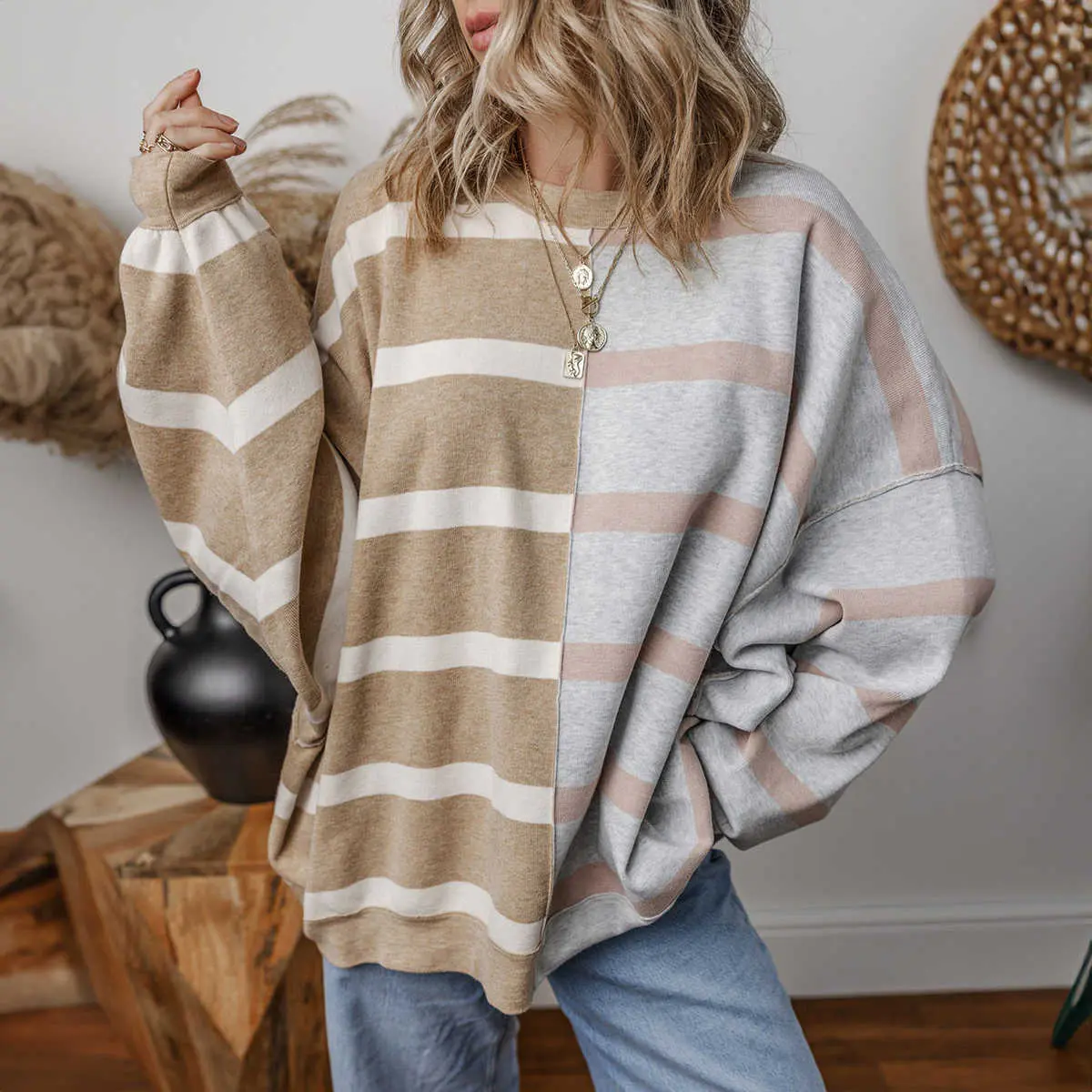 Women's Khaki Striped Colorblock Sweater | Oversized Crew Neck Knit Pullover Stripe Colorblock Oversized Sweater