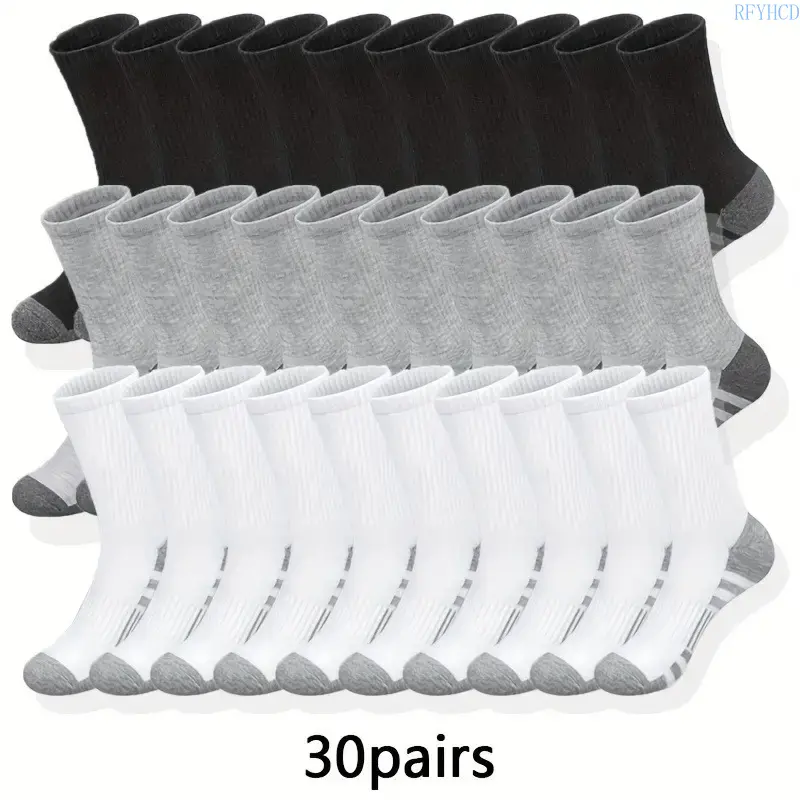 Men's Casual Crew Socks, Solid Polyester Athletic Socks, Lightweight Moisture Wicking Multipack for Gym, Sports & Daily Wear (10/20/30 Pairs), Moisture Wicking Socks, Lightweight Socks