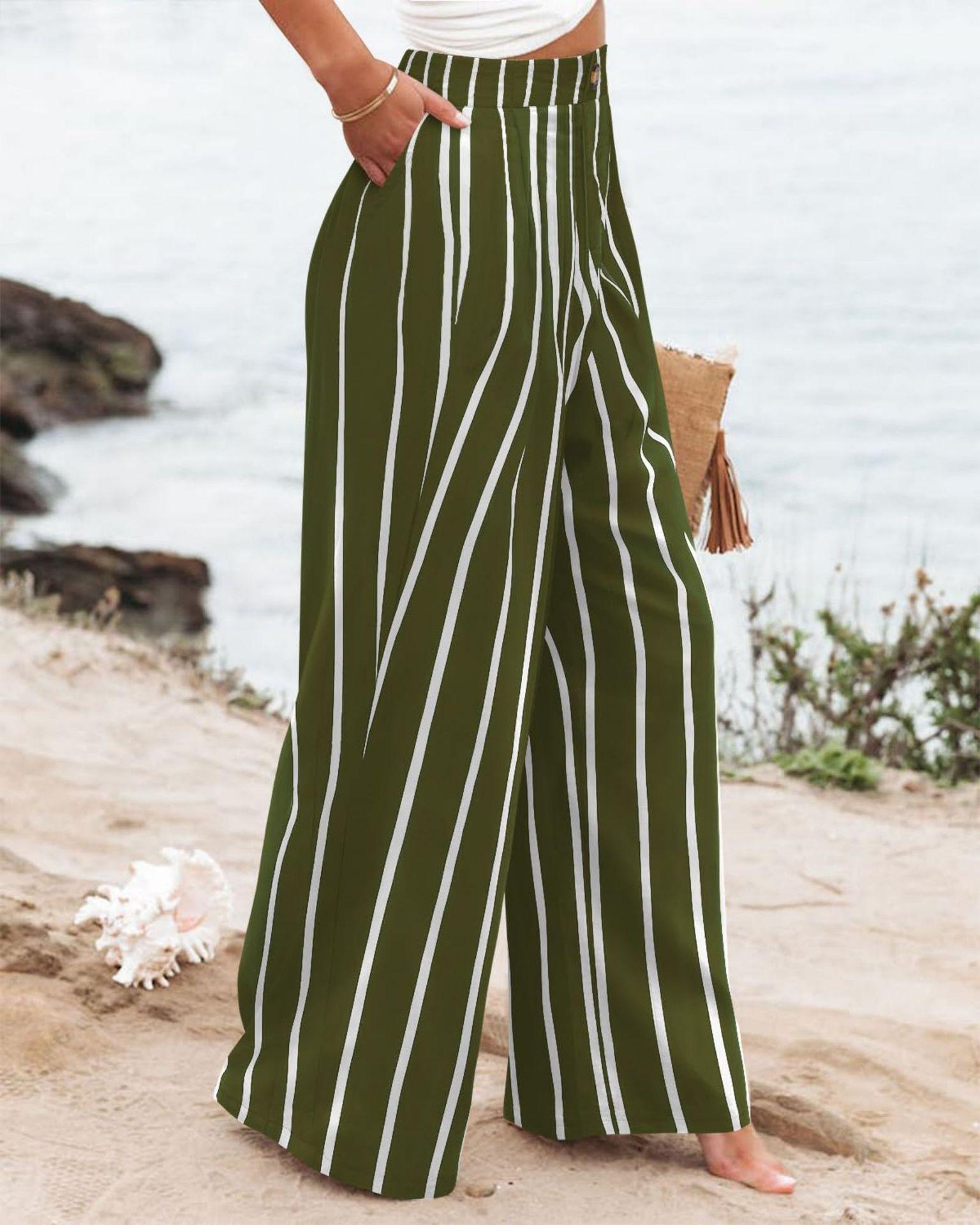 Women's Commuting and Vacation Summer Comfortable High-Waisted Long Pants with Buttons, Elastic Waist, Wide-Leg Casual Straight Pants
