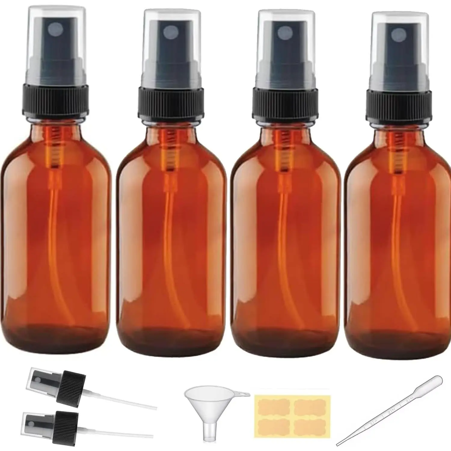 4 oz Amber Glass Spray Bottles - Small Empty Fine Mist Spray Bottle for Essential Oil,Face - Mini Dark Spray Bottles with,Included 6 Sprinkler, 1Funnels,1 Droppers, 4 Labels