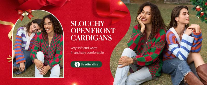 FMEYOA Womens Checkered Sweater Color Block Plaid Cardigans Oversized Long Sleeve Knit Open Front Coats