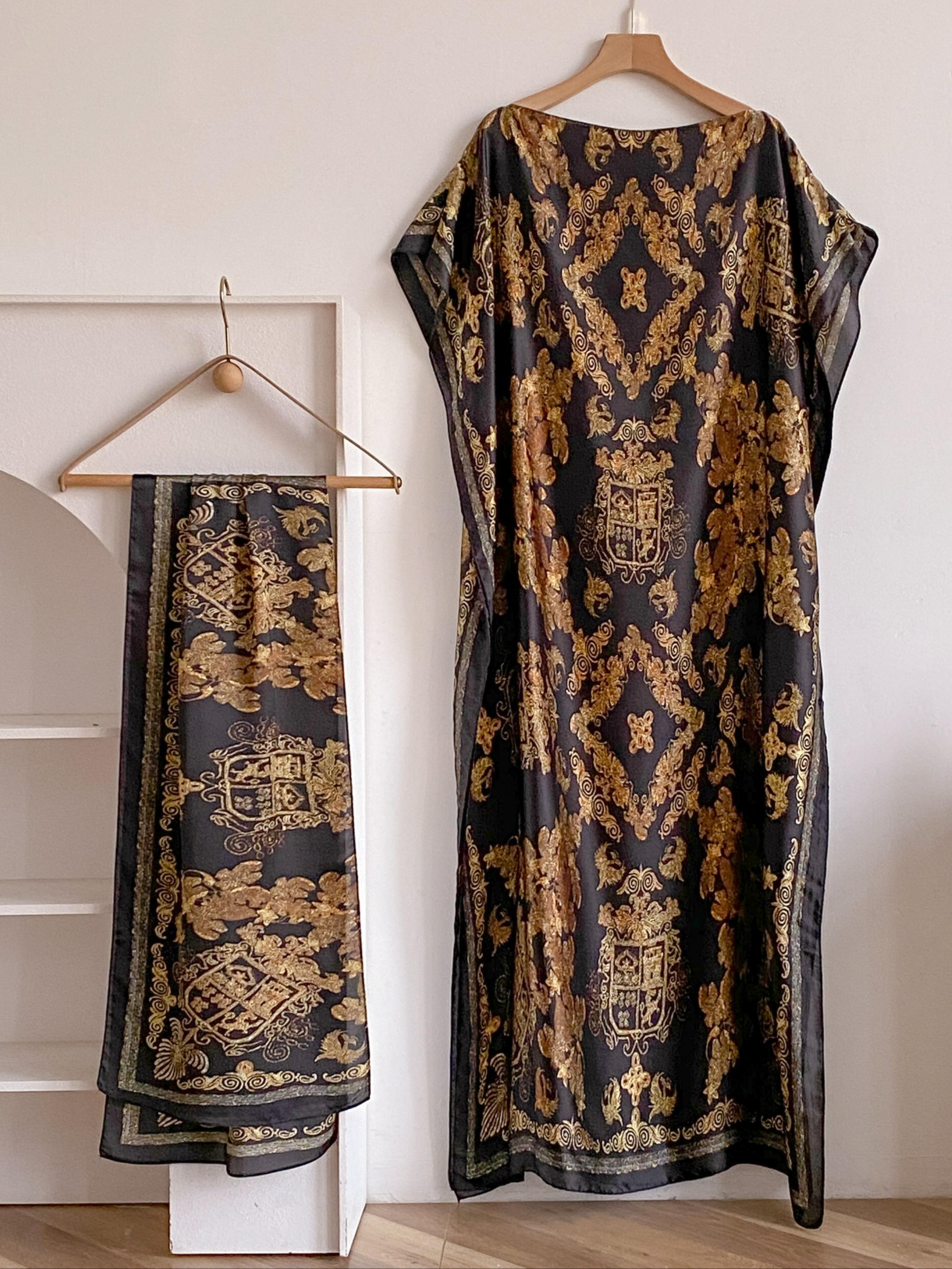 Women's Elegant Soft Cover Up Dress & Scarf Set, Casual Trendy Long Kaftan Dress & Scarf for All Seasons, Fashionable Accessories for Women