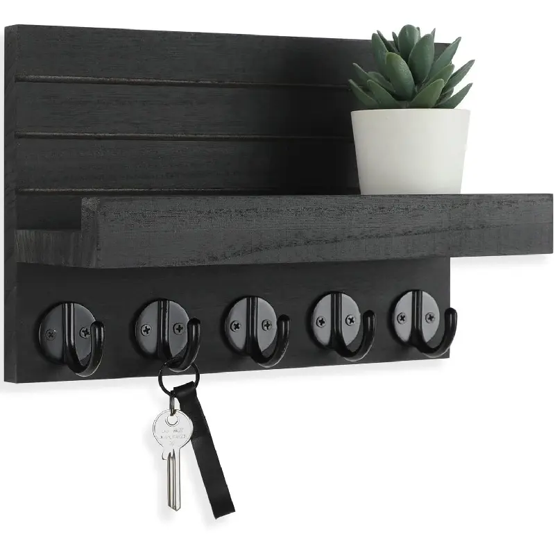 Key Holder for Wall, Decorative Key and Mail Holder with Shelf Has Large Hooks for Bags, Coats, Umbrella – Paulownia Wood Key Hanger with Mounting Hardware (9.8"W x 6.7"H x 4.2"D)