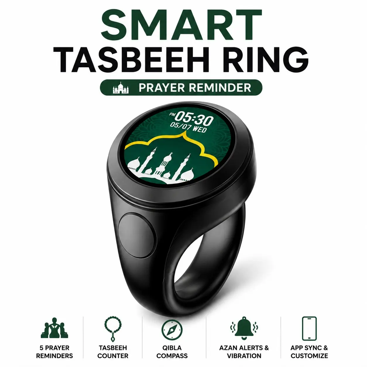 Smart Tasbih Ring with Customizable Display, APP-Controlled Electronic Tasbih Counter, Qibla Direction and Prayer Reminder, Muslim Gift