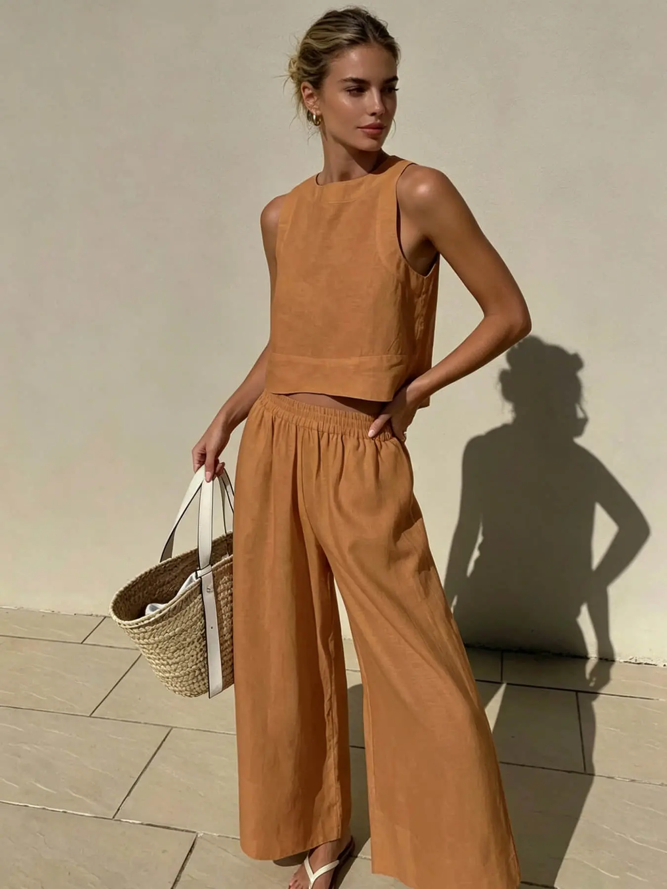 Two piece set of women's and lazy style fake plain color suit short sleeveless vest+elastic waist Loose Baggy wide leg pants casual two-piece set, suitable for summer vacation, leisure shopping, commuting, afternoon tea, dating