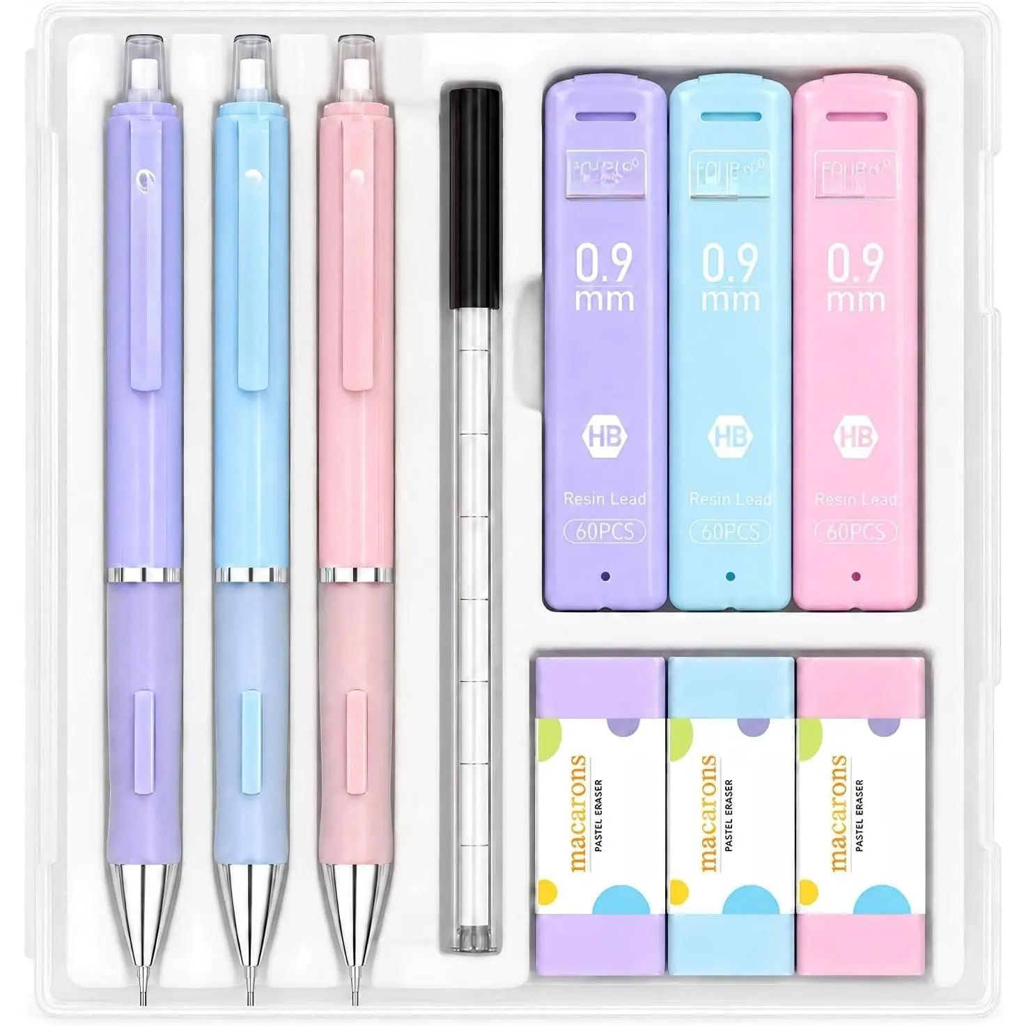 0.9mm Pastel Mechanical Pencil Set with Case, 3-Pack | 360 Leads, 3 Erasers+9 Refills, Cute //Blue , Non-Slip Grip, Bold Lines for Notes, Sketching & Marking
