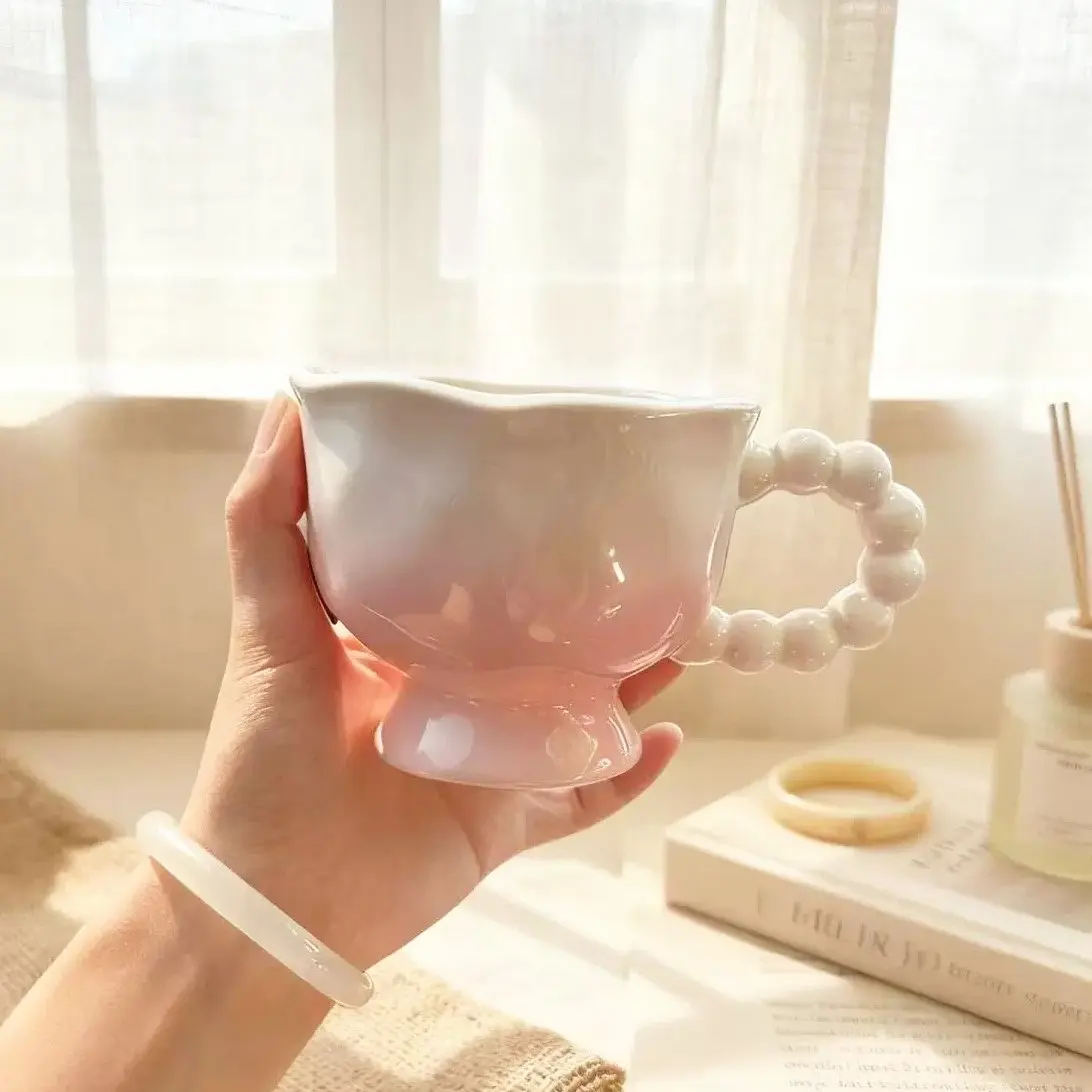 Gradient Ceramic Mug Set with Spoon, Cute Home Dining Set, Couple Wave Edge Mug, High-End Coffee Cup, Tea Cup, Juice Cup, Gift