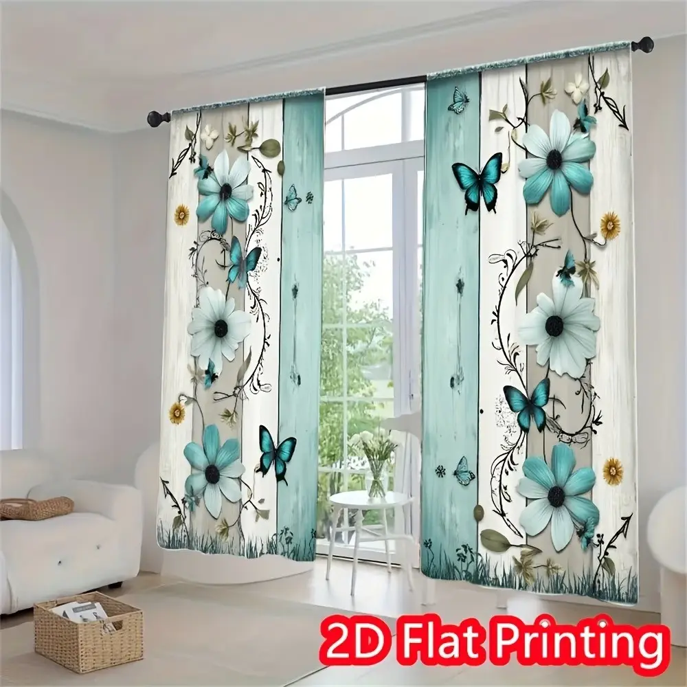 2-Pack Blue Daisy Butterfly Floral Curtains, Rustic Wood Grain Design, Easy Clean, Privacy, for Living Room, Bedroom, Kitchen, Bathroom