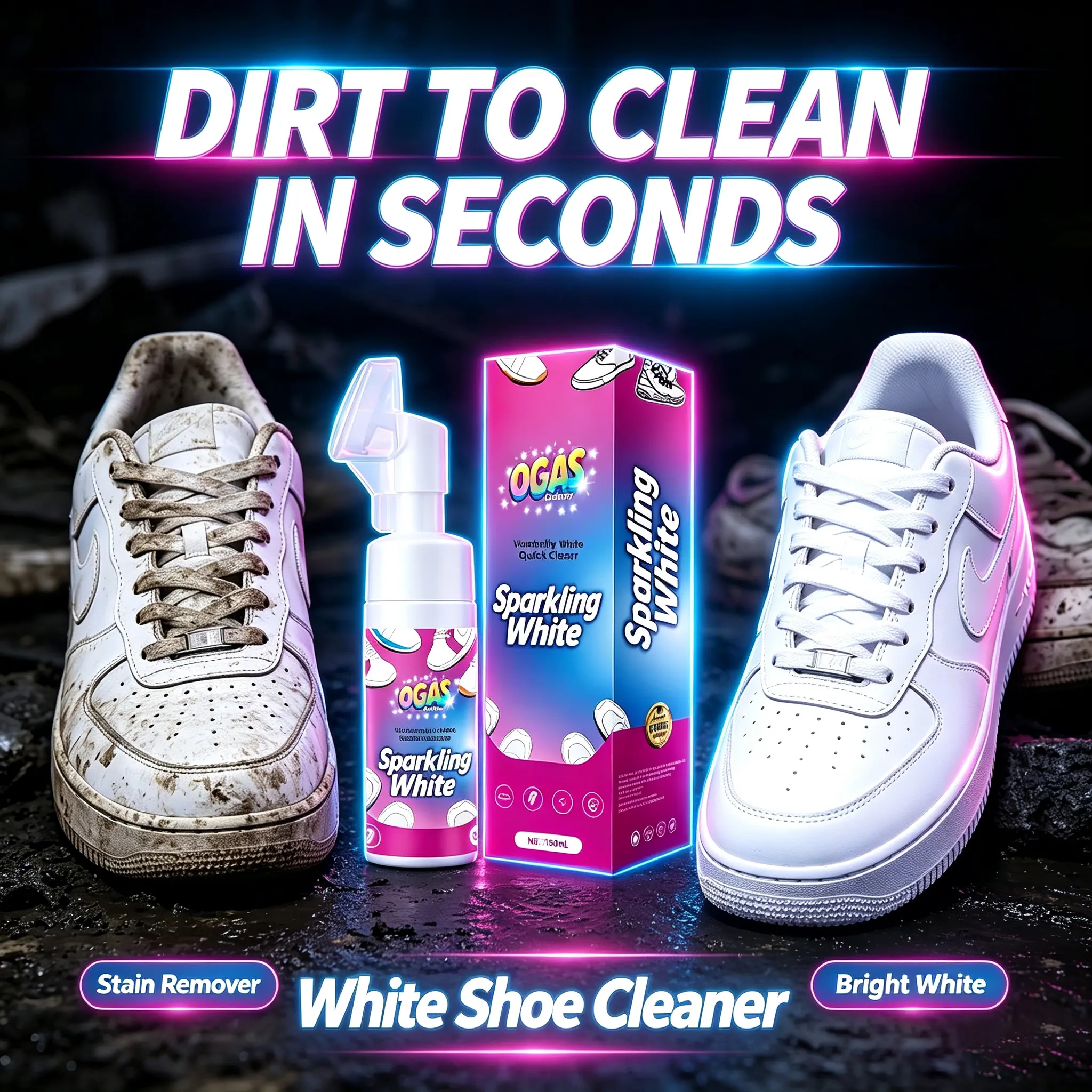 OGAS Sparkling White Sneaker Cleaner Foam (150ML) - Anti-Oxidation, Anti-Yellow Protection, Fast Stain Remover for Canvas, Leather White Shoes, Shoe Brightening Solution