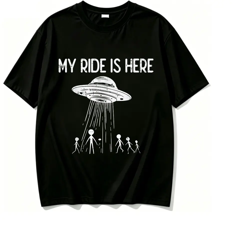 100% Cotton Vintage Faded My Ride Is Here UFO Alien Abduction Stick Figure Retro Space Graphic T Shirt Outer Planet Sci Fi Funny Extraterrestrial Print Breathable Cotton Short Sleeve Casual White Tee