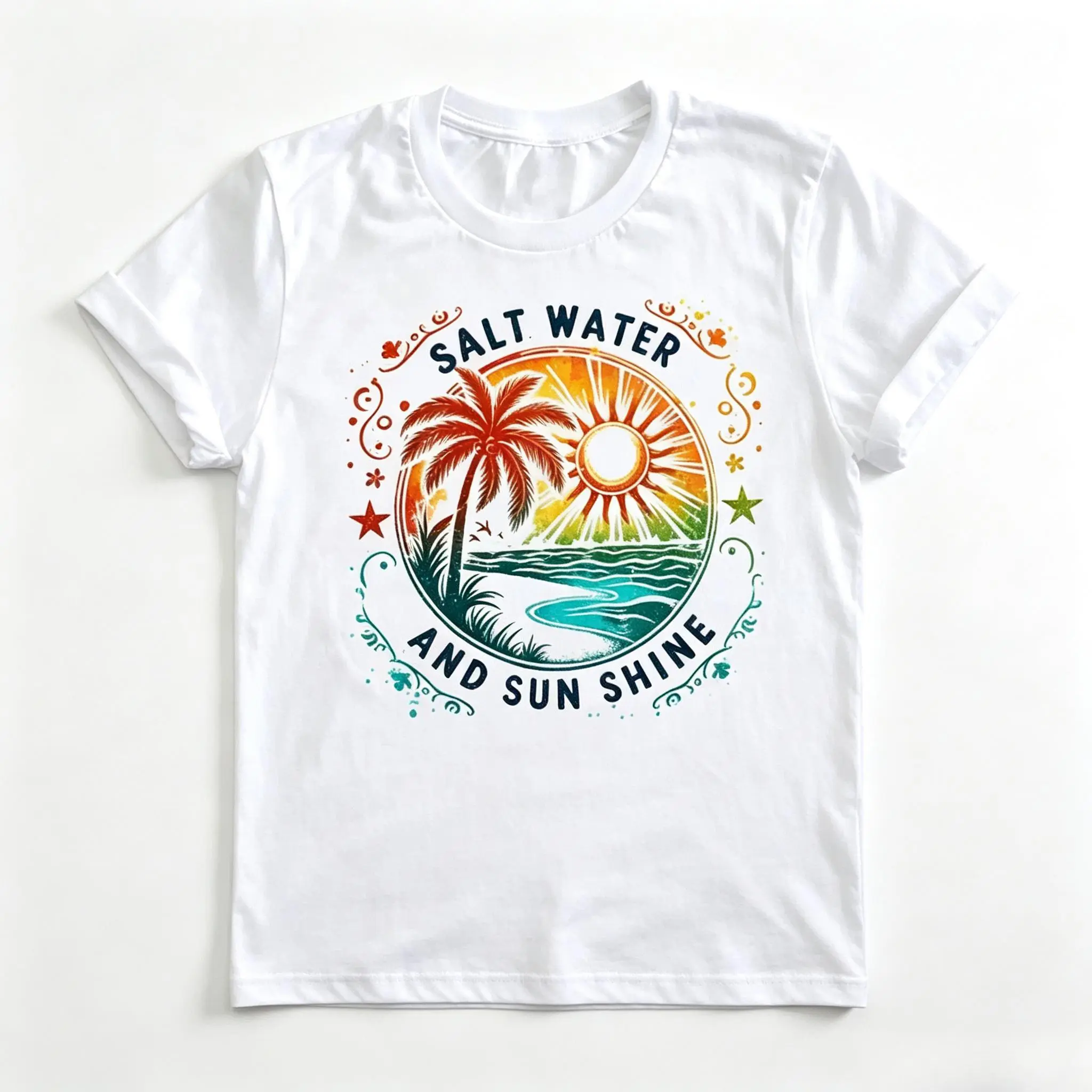 Women's 100% Cotton T-Shirt - Tropical Beach Sunset Palm Tree & Salt Water Sunshine Graphic Print, Smooth Seamless Baggy Oversized Relaxed Fit Round Neck Short Sleeve Breathable Summer Casual Wear Top, Mother's Day Gift, Solid