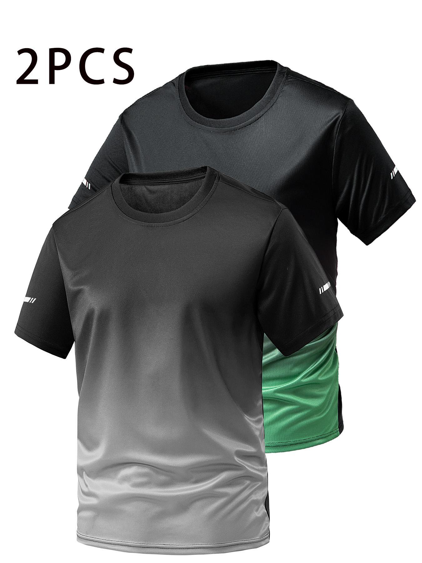 Men's Ombre Print Round Neck Tee, Regular Fit Sporty Quick Drying Breathable Short Sleeve T-shirt, Activewear T Shirt, Gym Tees for Gym Workout Running, Men's Top for All Seasons