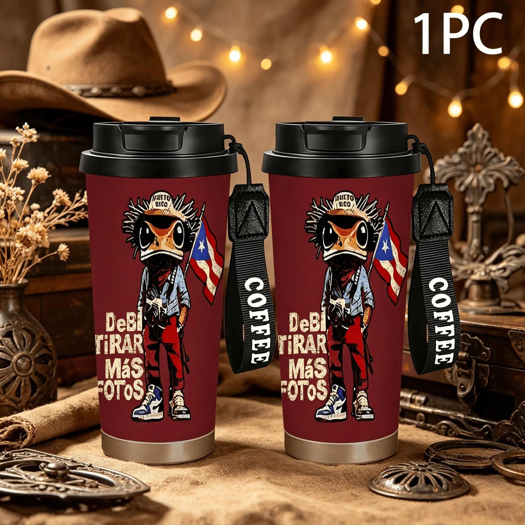 1pc 18/20oz Portable Stainless Steel Travel Coffee Mug (18oz With Coffee Lanyard Strap), Retro Puerto Rico Coqui Frog Boricua Flag Print Vacuum Insulated Leakproof Tumbler, Spanish Slogan De Bi Tirar Más Fotos Drink Cup,Outdoor camping water bottle