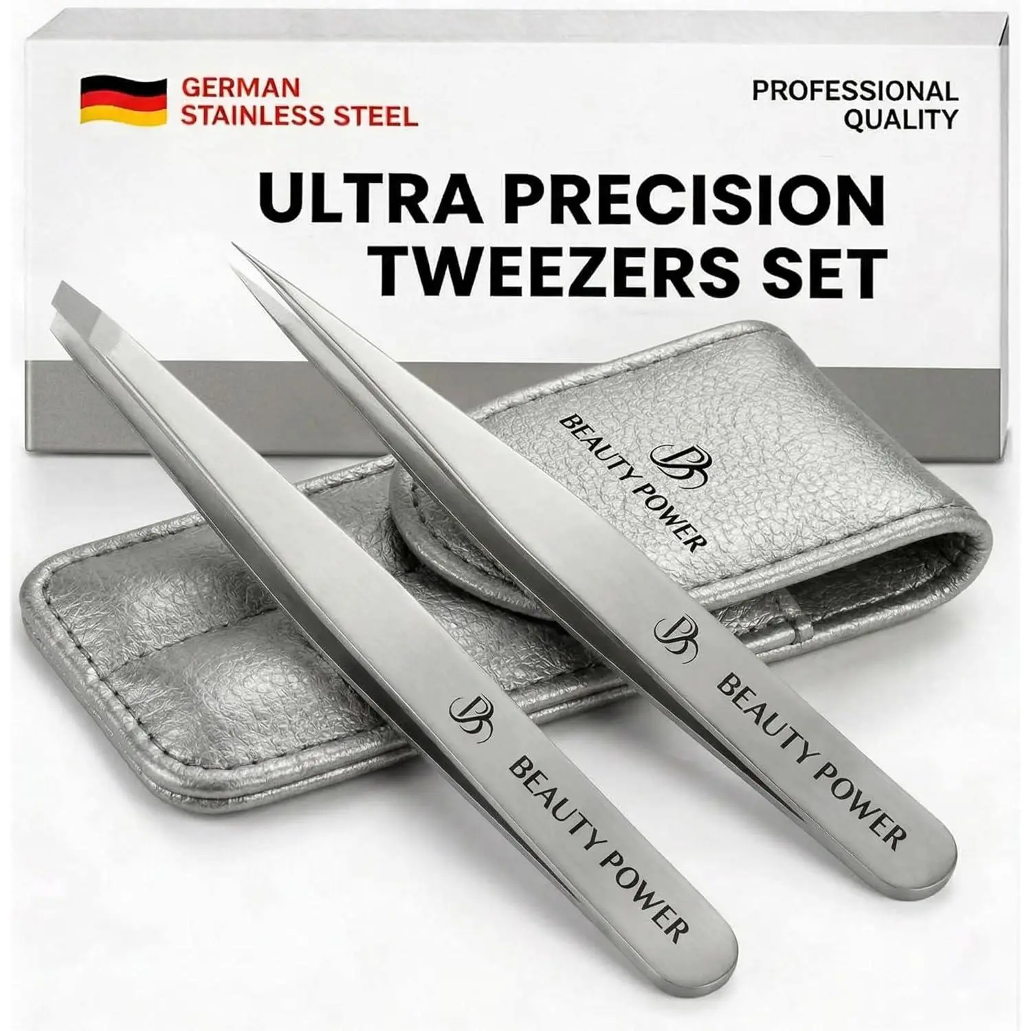 Beauty Tweezers Set - Slant & Point, German Stainless Tweezers for Eyebrows, Chin, Ingrown Hair & Facial Grooming - Lightweight with Case - Gift Idea - Gray