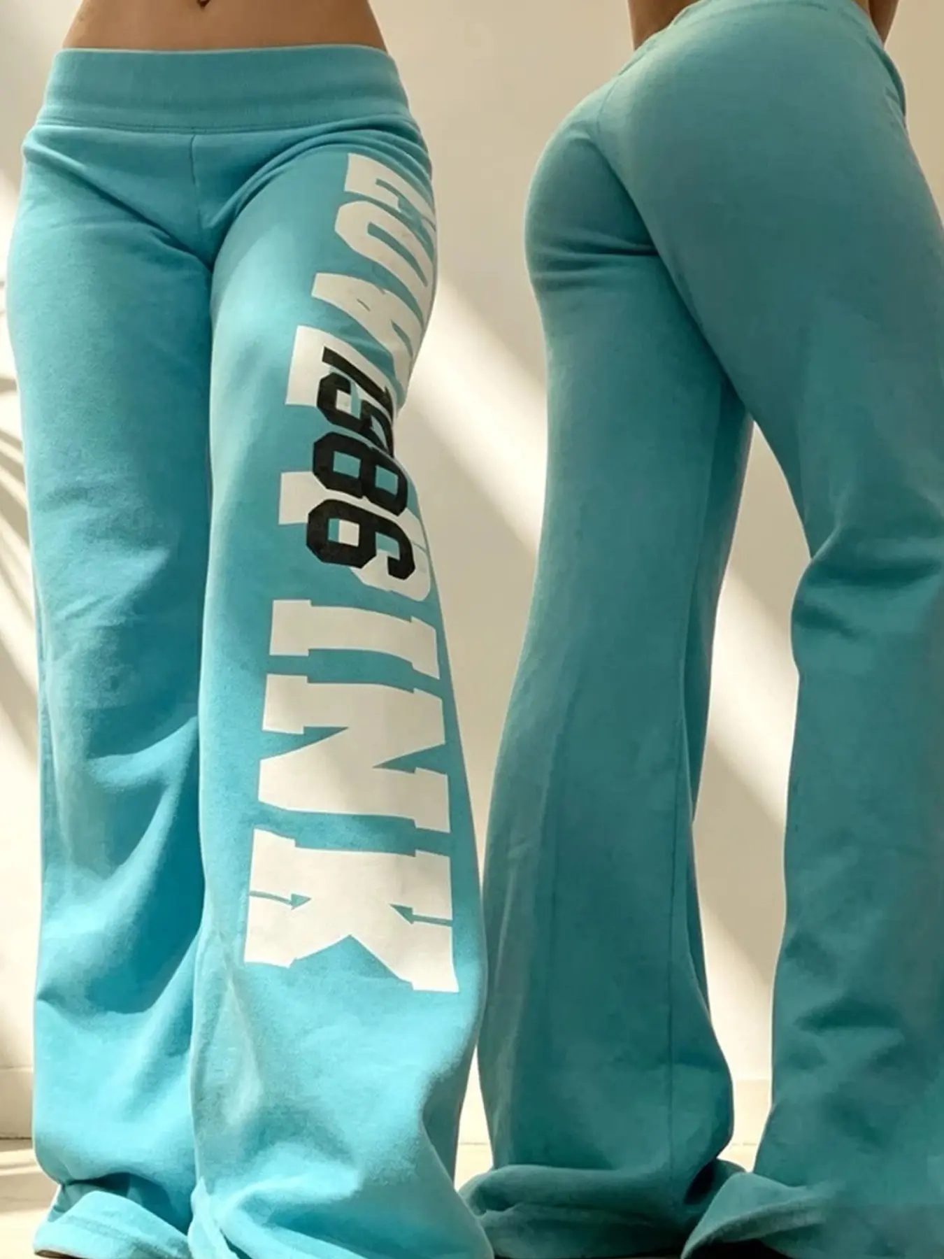 Y2K Style Lake Blue Low Waist Micro Flare Sweatpants, Letter Print Leggings, Comfortable Streetwear, Retro Aesthetic