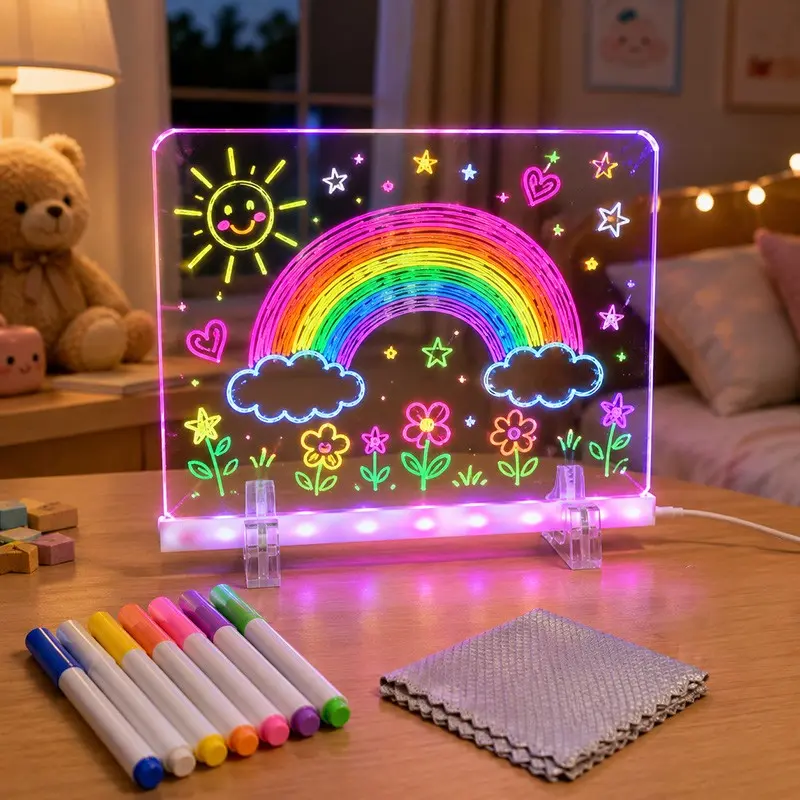 USB Powered LED Drawing Board Light, RGB Color Changing Graffiti Message Board, 7 Colored Pens, Button Control, Ideal for Art, Home Decor, Gift
