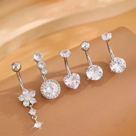Heart Butterfly Belly Button Piercing Jewelry for Women, Sparkling Zircon Floral Decorated Pendant Navel Rings, Stainless Steel Belly Piercing Jewelry for Party or Casual Wear, Body Piercing Jewelry, Body Jewellery