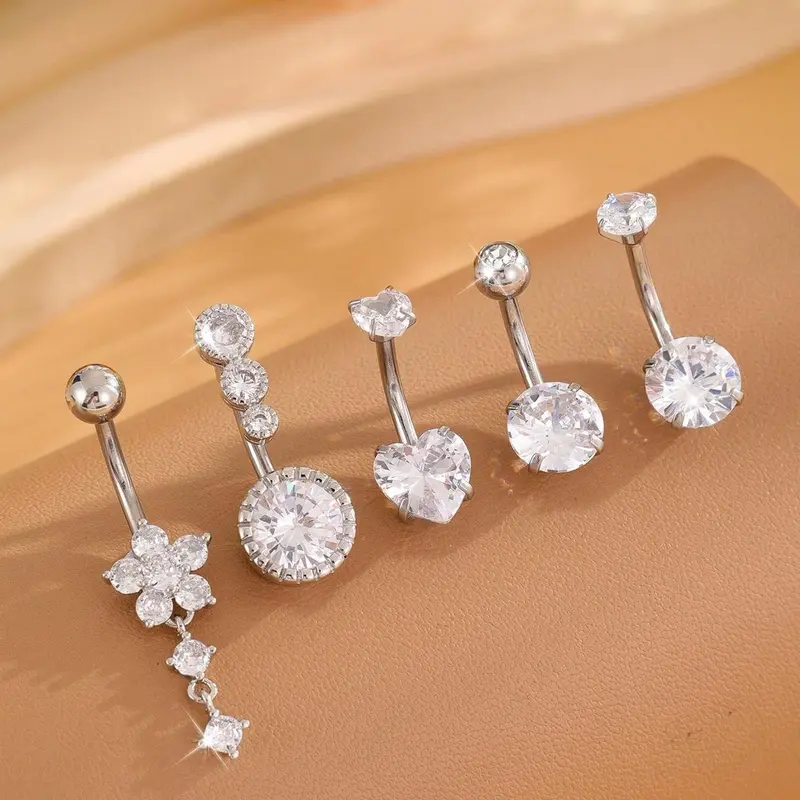 Heart Butterfly Belly Button Piercing Jewelry for Women, Sparkling Zircon Floral Decorated Pendant Navel Rings, Stainless Steel Belly Piercing Jewelry for Party or Casual Wear, Body Piercing Jewelry, Body Jewellery