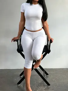 Lovelywholesale-Us Solid Color Classic Casual Slim Short Sleeve Mid-Length Pants Set, Versatile Solid Color, Perfect for Summer