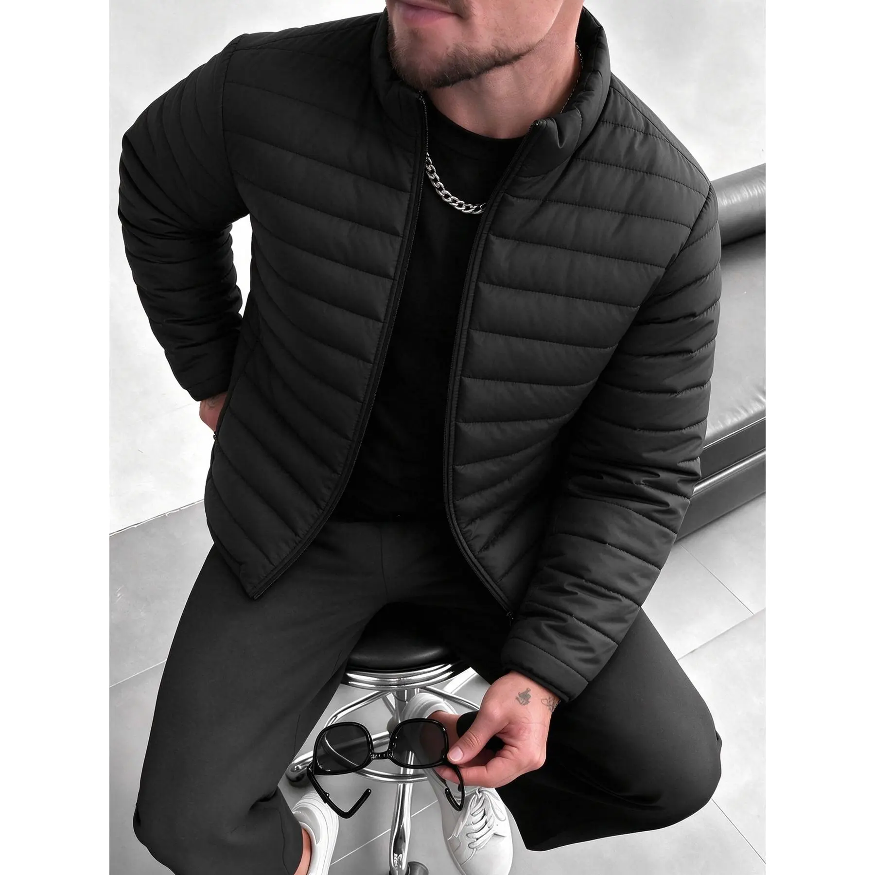 Men’s Stand Collar Quilted Puffer Jacket, Lightweight Full Zip Padded Coat, Windproof Water Resistant Thermal Insulated Outerwear, Casual Warm Winter Jacket for Daily Commute & Outdoor Activities