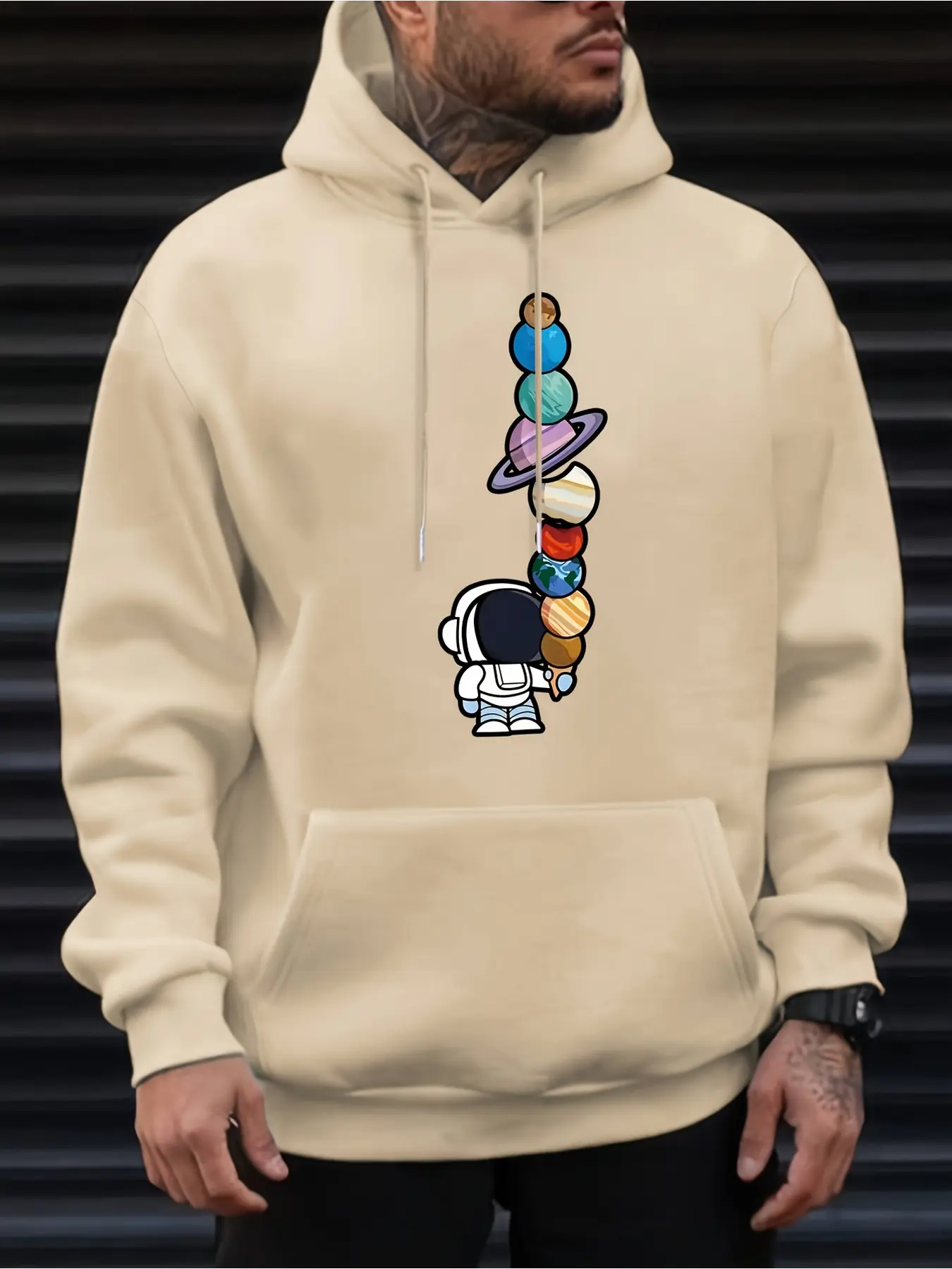 Unisex Creative Cartoon Print Pullover Hoodie, Space Theme Warm Long Sleeve Sweatshirt for Autumn, Winter & Daily Casual Wear
