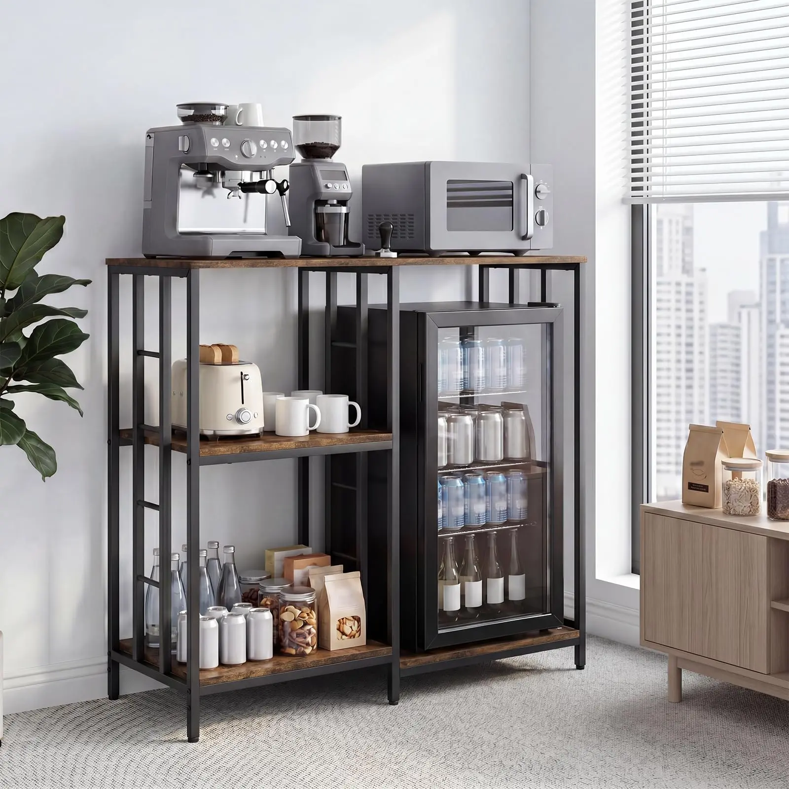 40.5" Mini Fridge Stand with Storage – 260 LBS Sturdy Iron Wood 4-Tier Coffee Bar Cabinet for Microwave, Spice Rack & Space-Saving Dorm Storage