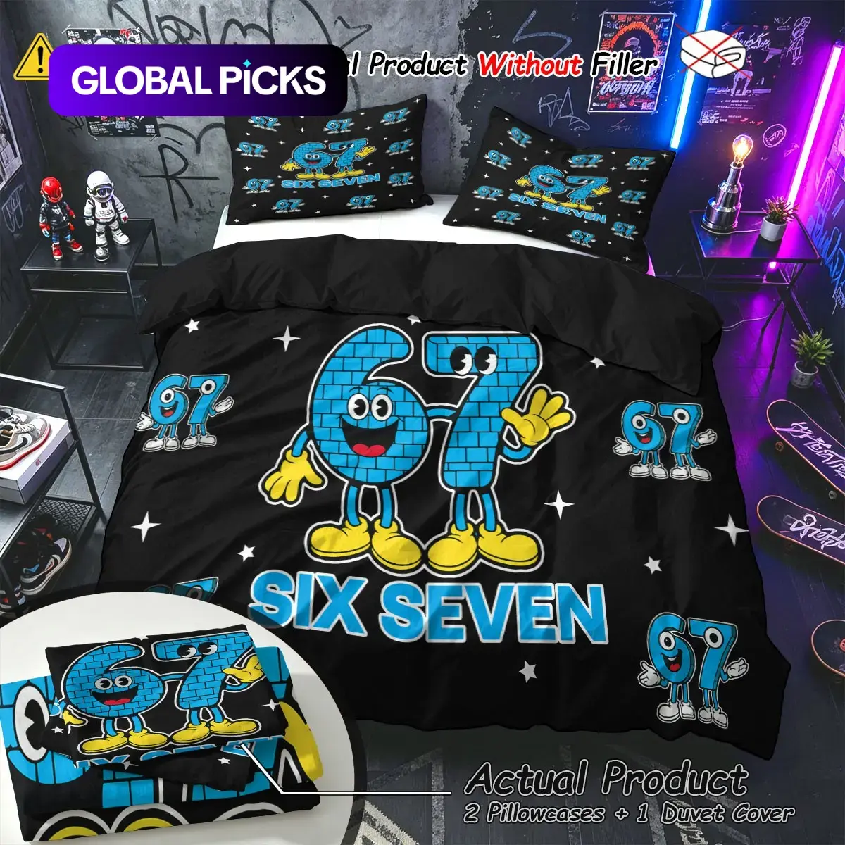 67 Internet Meme-Themed 3-Piece Bedding Set, Bedroom Set with 1 Duvet Cover and 2 Pillowcases, Duvet Cover Sets, "67 Digital Party" Cartoon Print for Room Decor, Trendy Gift for Digital Enthusiasts #GLOBAL PICKS