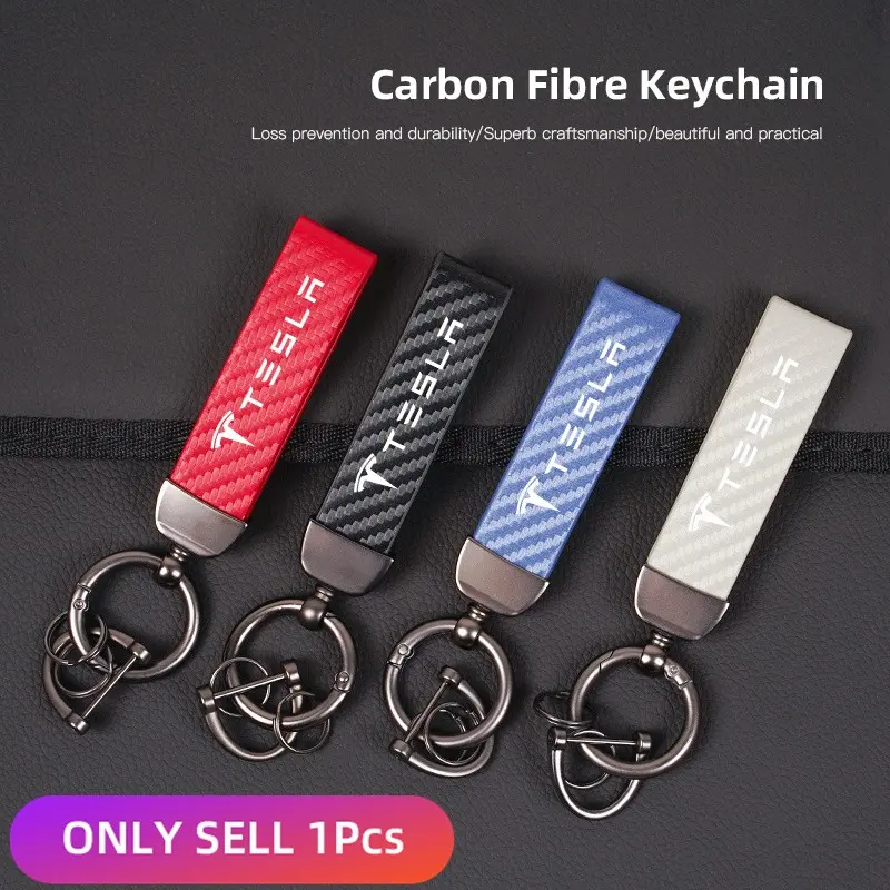 Carbon Fiber Textured Leather Keychain Motorcycle Keyring For Tesla Model 3 Model S Model X Model Y Cybertruck Roadster SpaceX