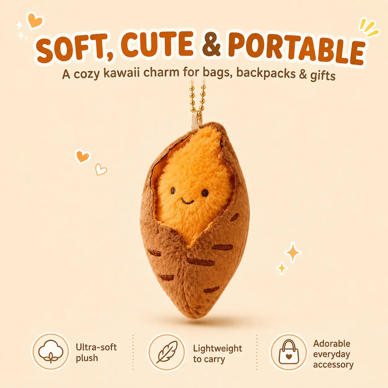 Roasted Sweet Potato Plush Keychain - Cute Food Plushie with Soft Plush & Keyring, Adorable Bag Charm for Backpack, Purse, Gift for Foodie Friends, Keychain for Bags, Cute Keychains