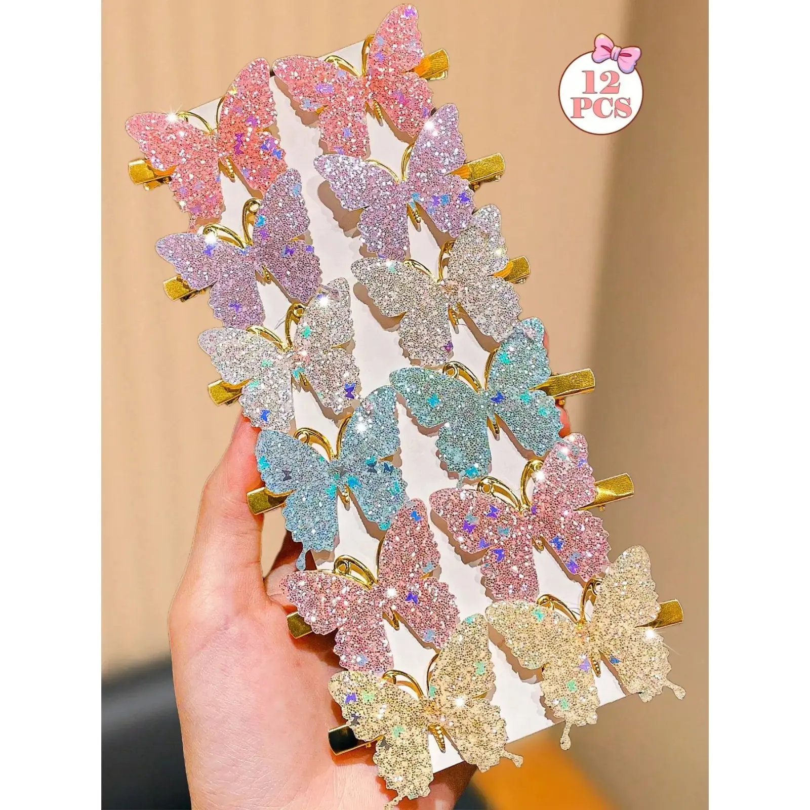 12 Pcs Sparkling Colorful Butterfly Hair Clips Set, charming hair accessories for girls. They create sweet and elegant looks, ideal for school, outdoor activities, dates and parties, also a wonderful gift choice.