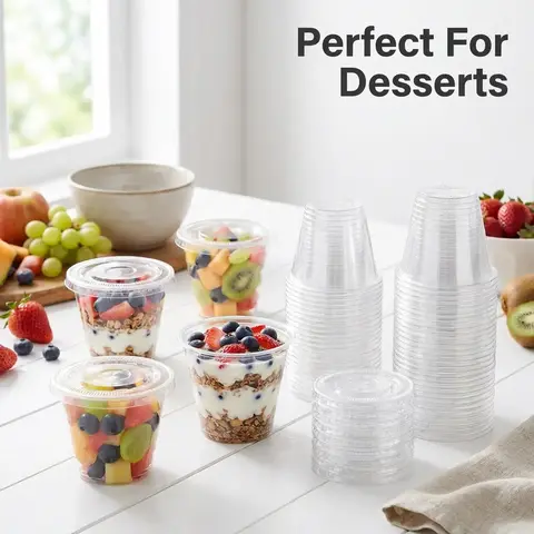 9oz Transparent Plastic Cup, Flat Lid No Hole, Reusable Dessert Cup, Bulk Plastic Cups, Ice Cream, Pudding, Cake, Snacks, Milkshake, Cold Drink, Plastic Clear Cups, Clear Plastic Cups With Lids
