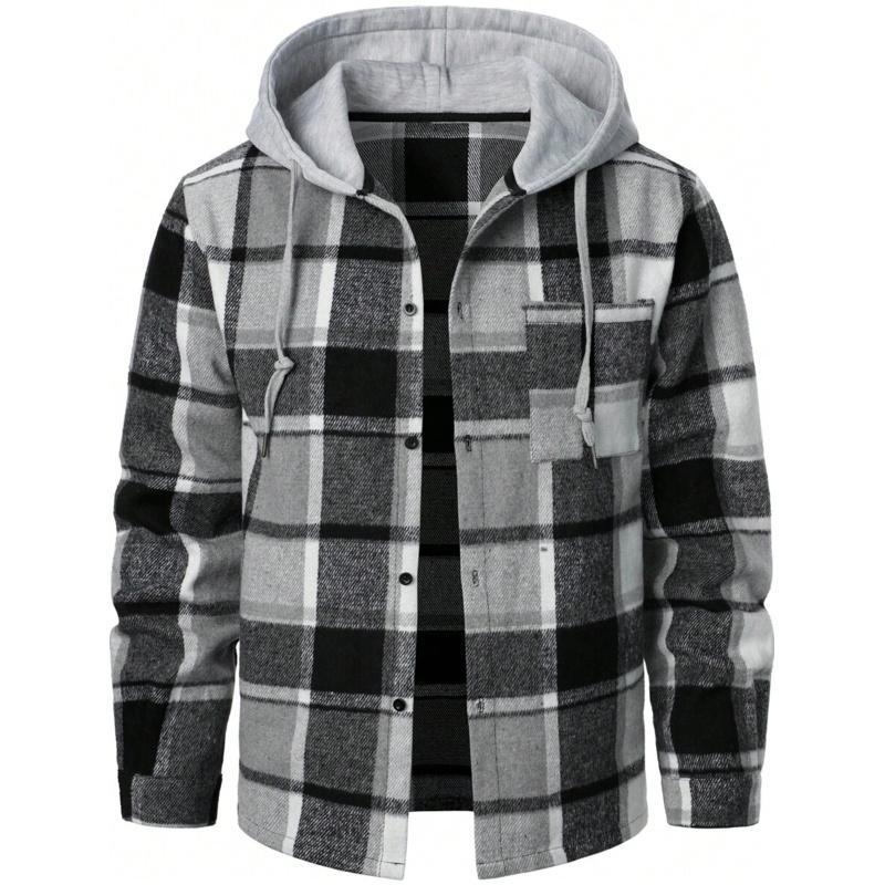 KZZ Men's Plaid Drawstring Hooded Casual Jacket Spring Fall New Arrival Grey Checkered Design Fashionable Comfortable Long Sleeve Sweatshirts with Pocket christmas gifts for him