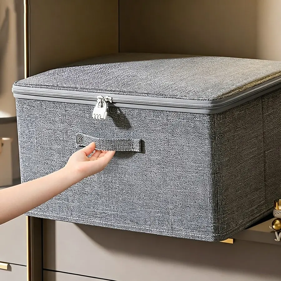 2pcs Set: Storage Box & Metal Combination Lock, Large Thick Foldable Bin, Foldable Organizer Box, Ideal for Wardrobe & Living Room Organization