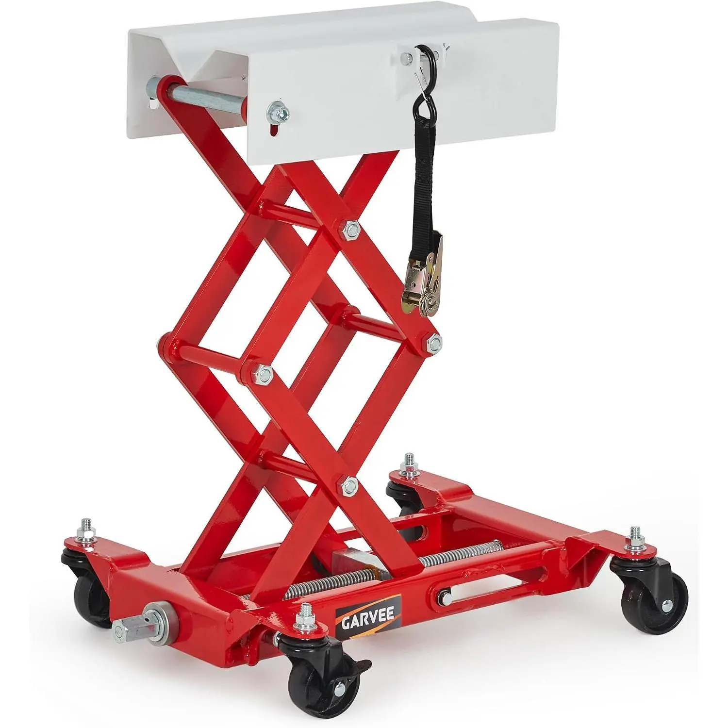 450 lbs Low Profile Power Transfer Jack – Heavy-Duty Double Scissor Lift – 7-23 Inch Range – Safety Straps & 4 Swivel Wheels – Ideal for Auto Repair & Garage Maintenance – Red