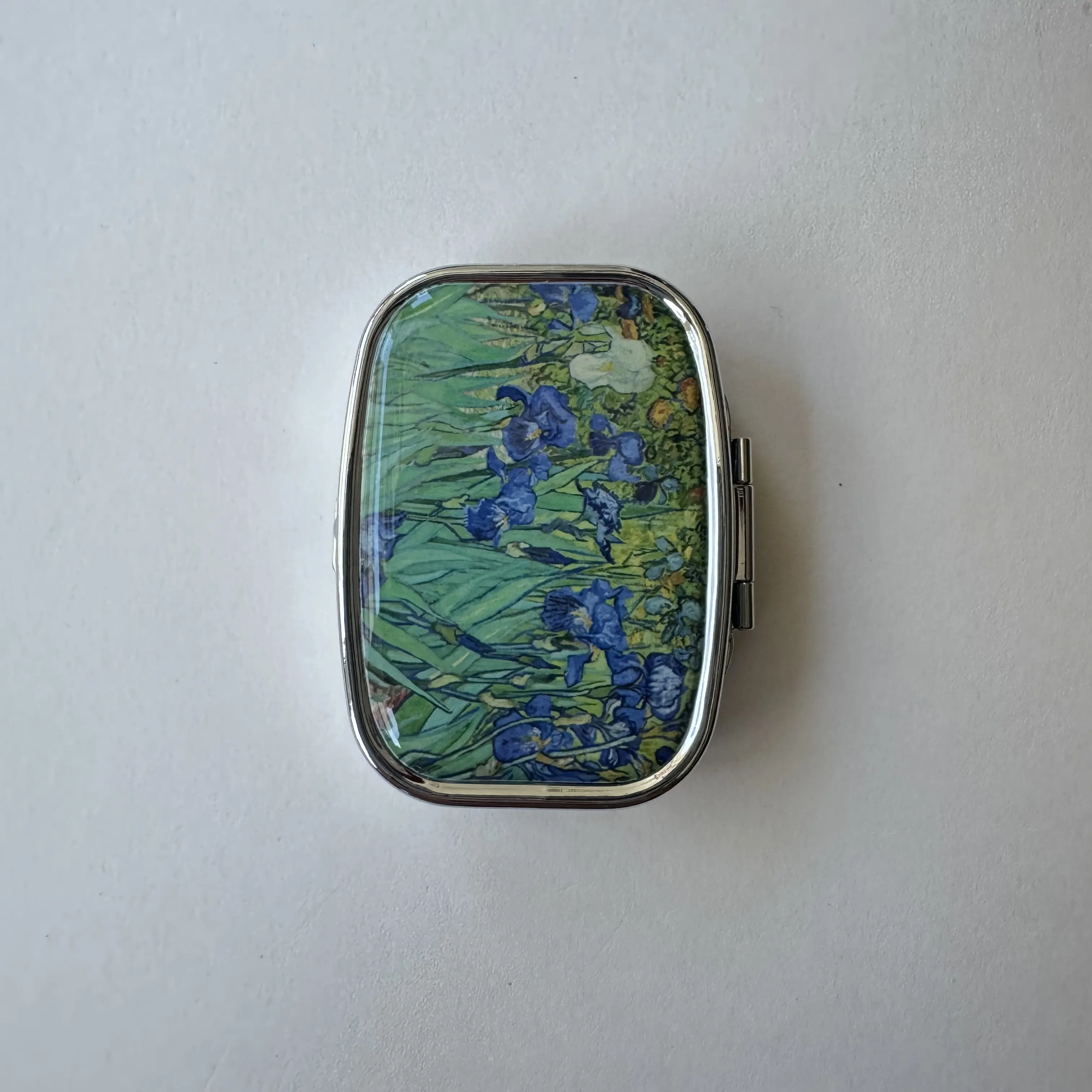 Vincent Van Gogh Irises Vintage Metallic Resin Pill Organizer - Medical Organizer, Flip-Top Snap-Button Metallic Box, Space-Saving Home Storage for Medicine/Trinkets, Pocket Pill Pack Holder, Ideal for Parents/Friends