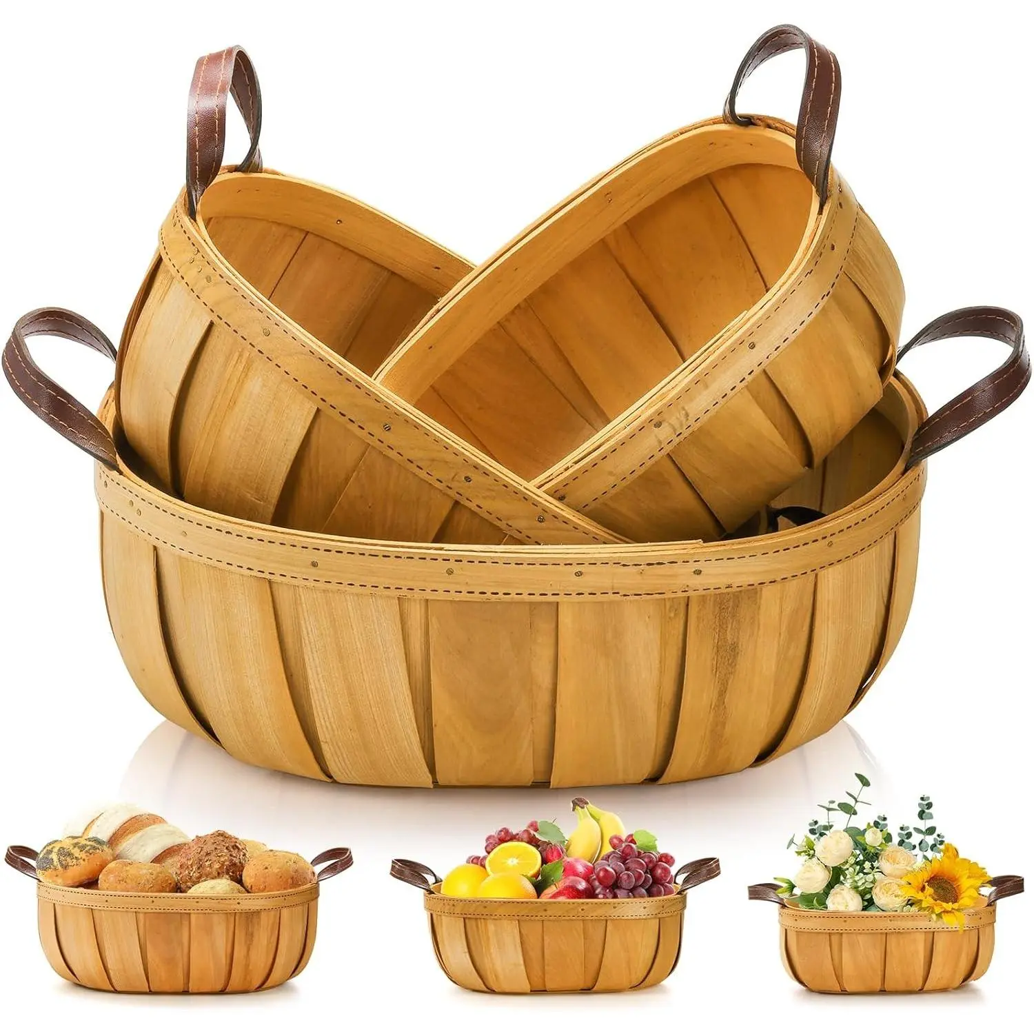 3 Pack Wooden Bread Baskets, Wood Chip Picnic Basket with Handles, Handmade Woven Harvest Basket Holder, Rustic Fruits Vegetable Storage Baskets for Picnic, Wedding, Gifting (Orange, 3 Sizes)