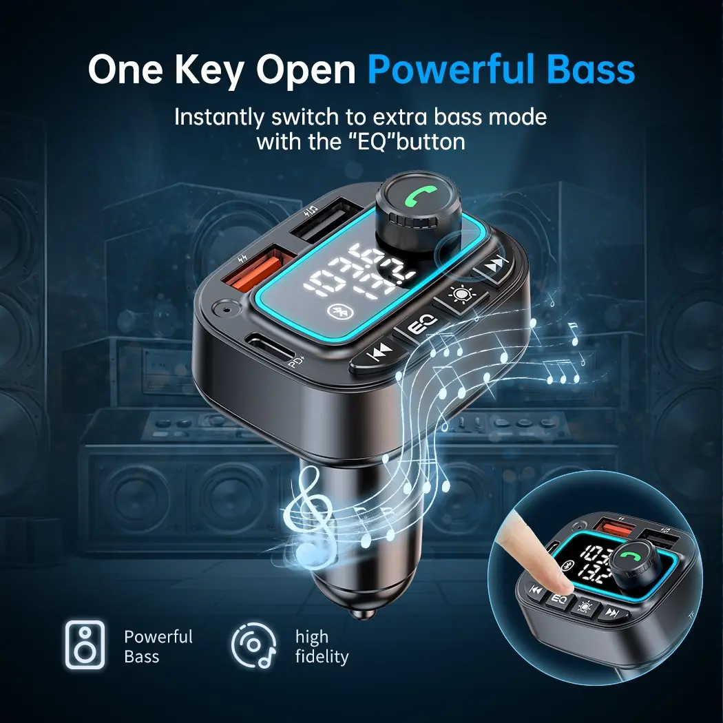 Bluetooth 5.3 FM Transmitter for Car, PD 30W + QC3.0 Fast Charging Adapter, Dual USB & Type-C Ports, Wireless Hands-Free Calling, Hi-Fi Stereo Music, U Disk Playback, LED Display with Voltage Detection, Ambient Light, Fits 12-24V Vehicles