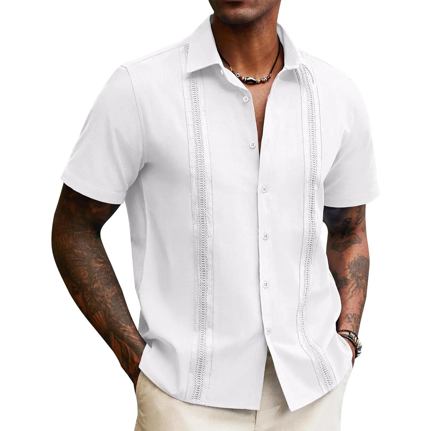 Men's Guayabera Linen Shirt Short Sleeve Button Down Cuban Summer Beach ShirtGift