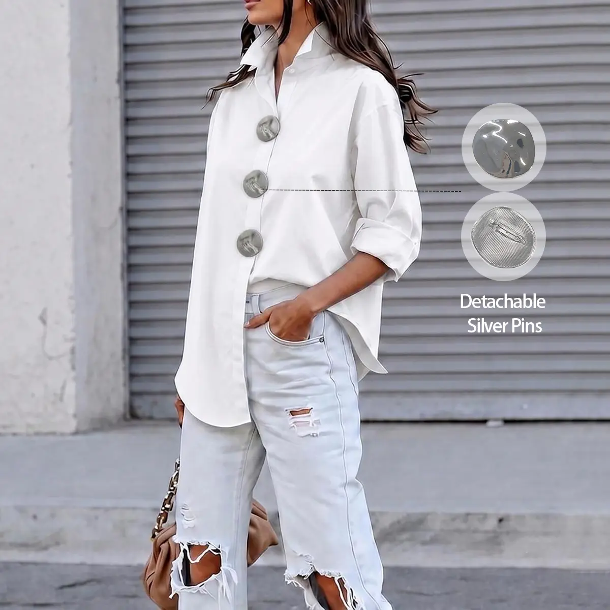 Women's 100% Soft Cotton Minimalist Basic Long Sleeve Collared Lapel Blouse, Regular-Length Casual Button-Down Top with Detachable Silver Pins