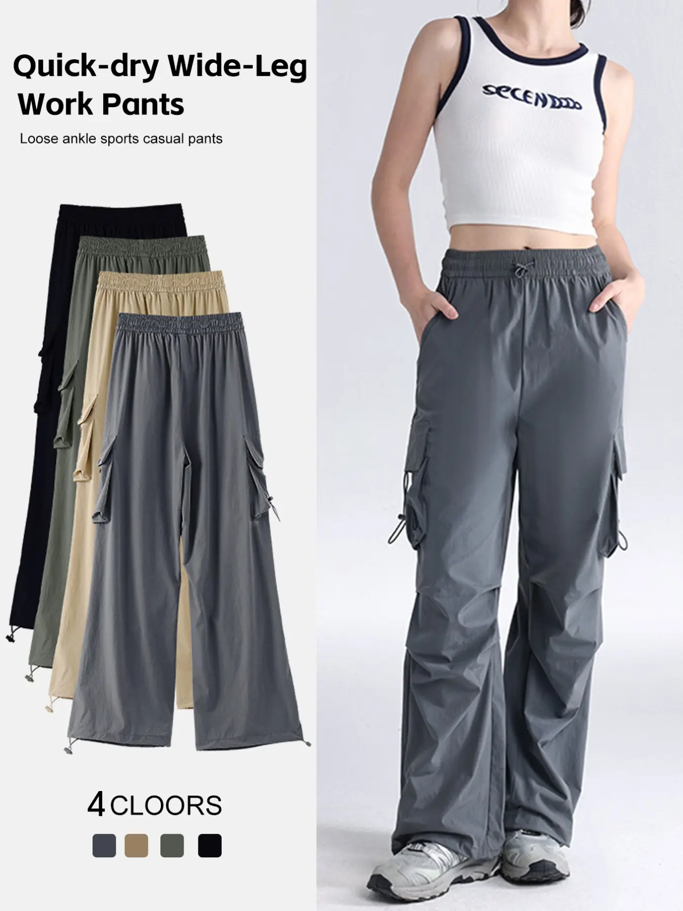 Women's Plain Elastic Drawstring Waist Multi-Pocket Loose Fit Wide Leg Pants, Outdoor Sports Running Hiking Cargo Pants, Athleisure Track Pants, Activewear Pants