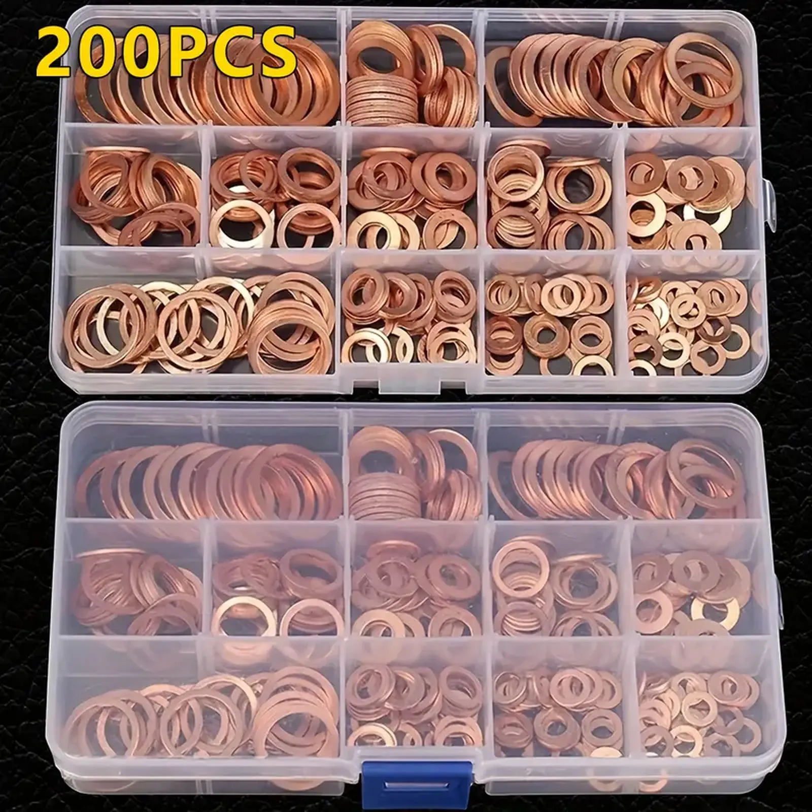 200-Piece Automotive Gasket and Washer Assortment - Includes copper flat washers and O-rings; universally compatible with various vehicle models, making it an essential accessory for automotive engine maintenance and repair.