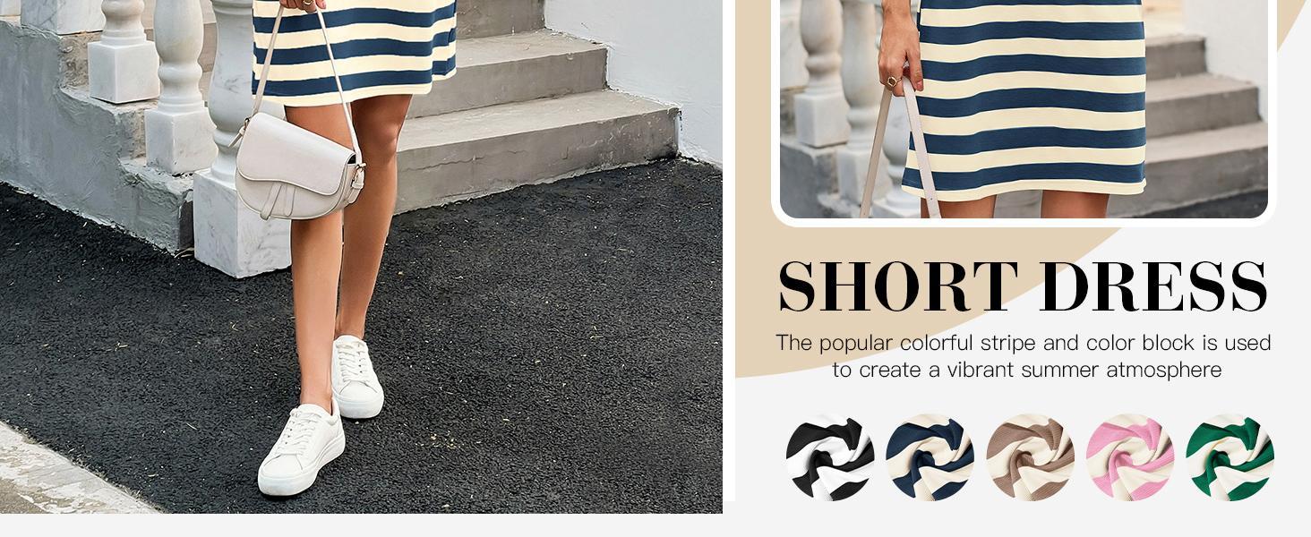 Danedvi Womens Striped Summer Mini Dress Casual Cap Sleeve Polo V Neck T Shirt Dresses with Pockets